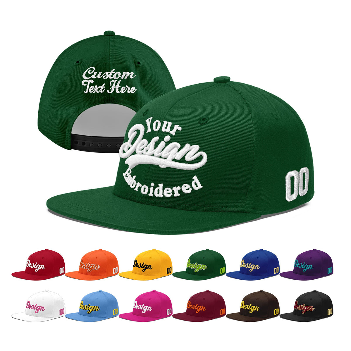Custom Green 3D Puff Embroidery Flat Embroidery Casual Sport Baseball Cap