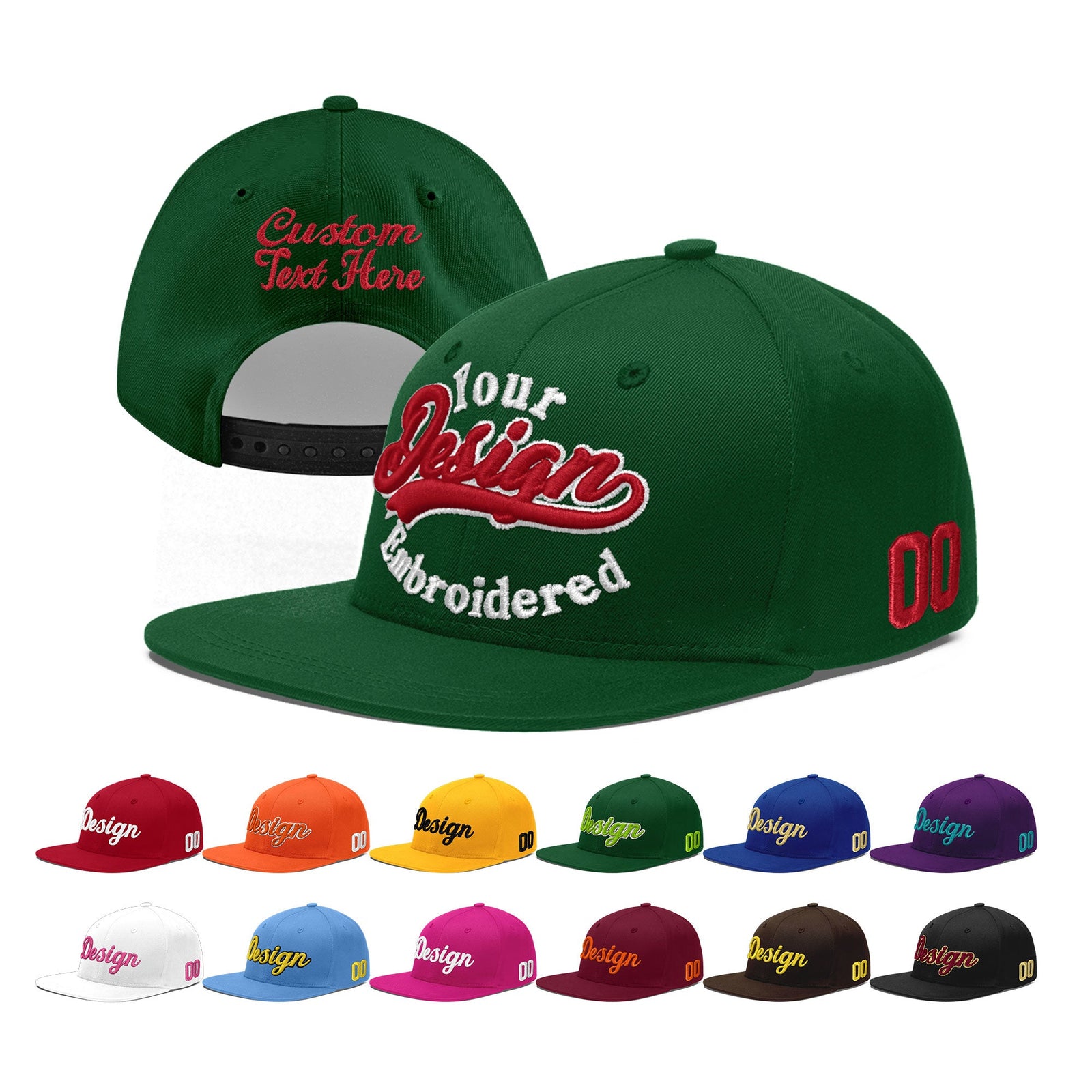 Custom Green 3D Puff Embroidery Flat Embroidery Casual Sport Baseball Cap