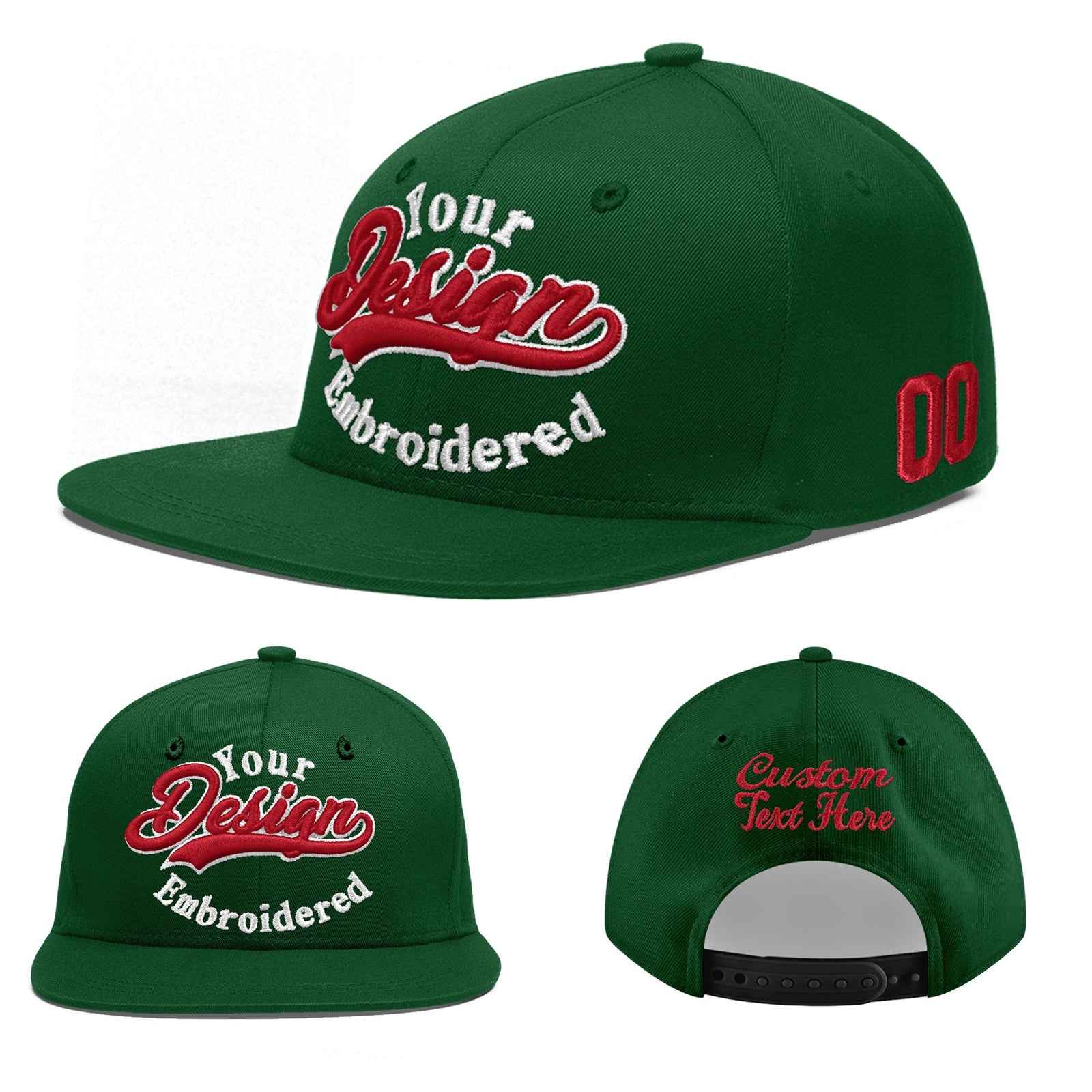 Custom Green 3D Puff Embroidery Flat Embroidery Casual Sport Baseball Cap