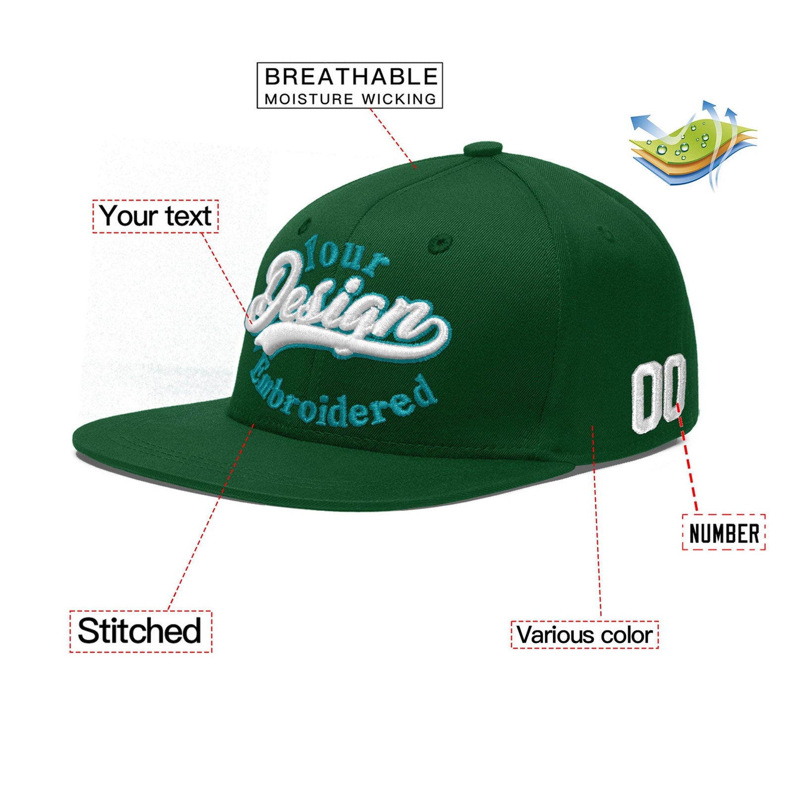 Custom Green 3D Puff Embroidery Flat Embroidery Casual Sport Baseball Cap