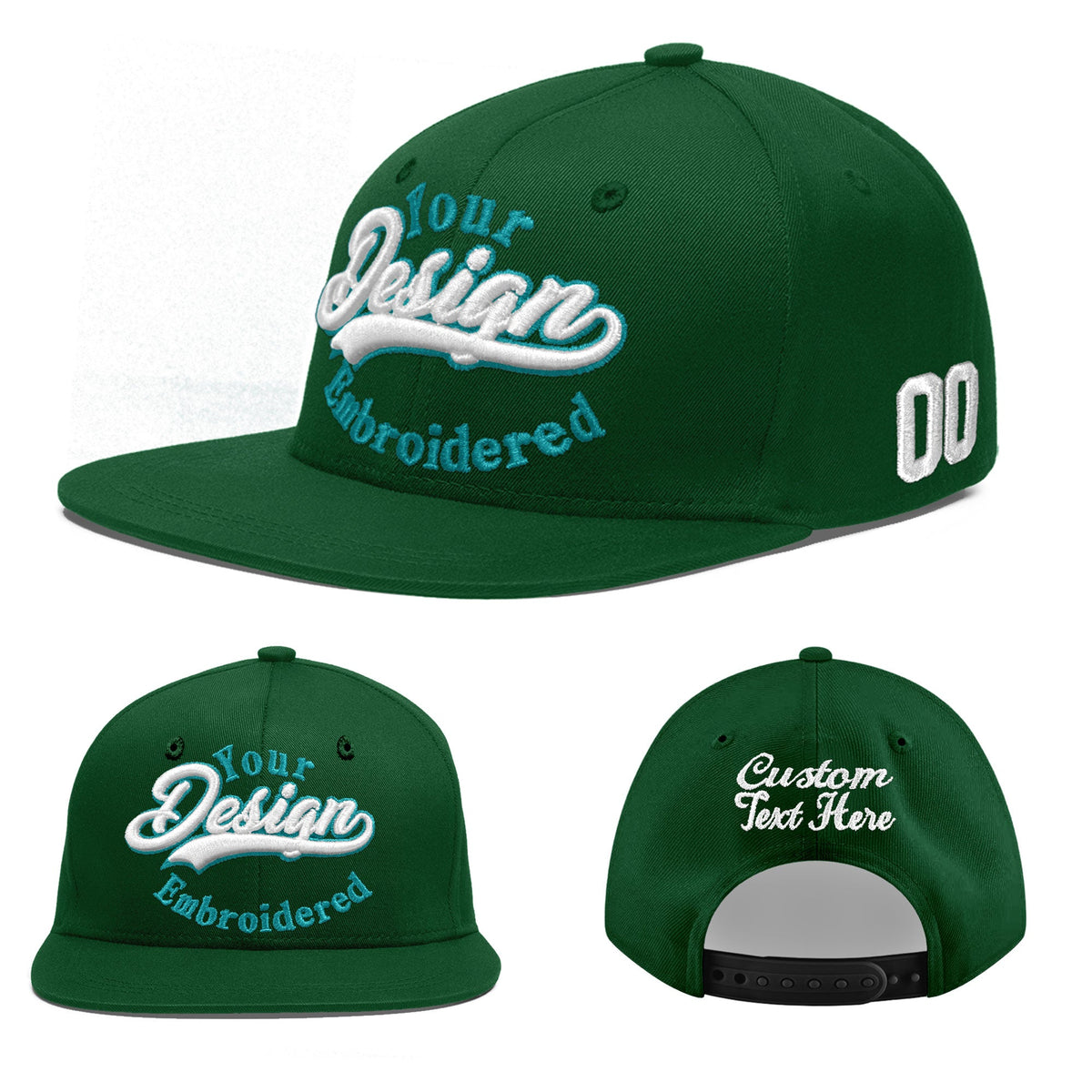 Custom Green 3D Puff Embroidery Flat Embroidery Casual Sport Baseball Cap