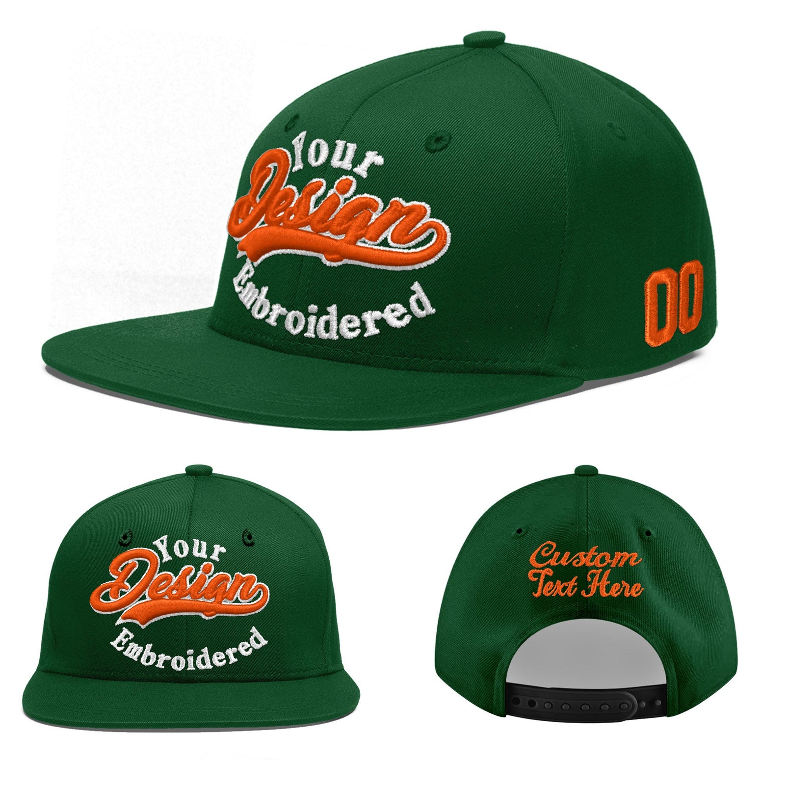 Custom Green 3D Puff Embroidery Flat Embroidery Casual Sport Baseball Cap