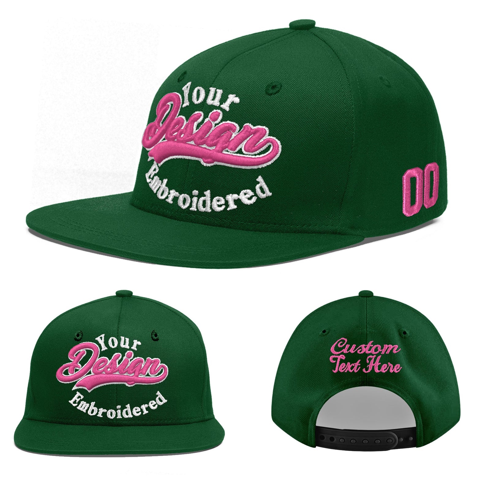 Custom Green 3D Puff Embroidery Flat Embroidery Casual Sport Baseball Cap