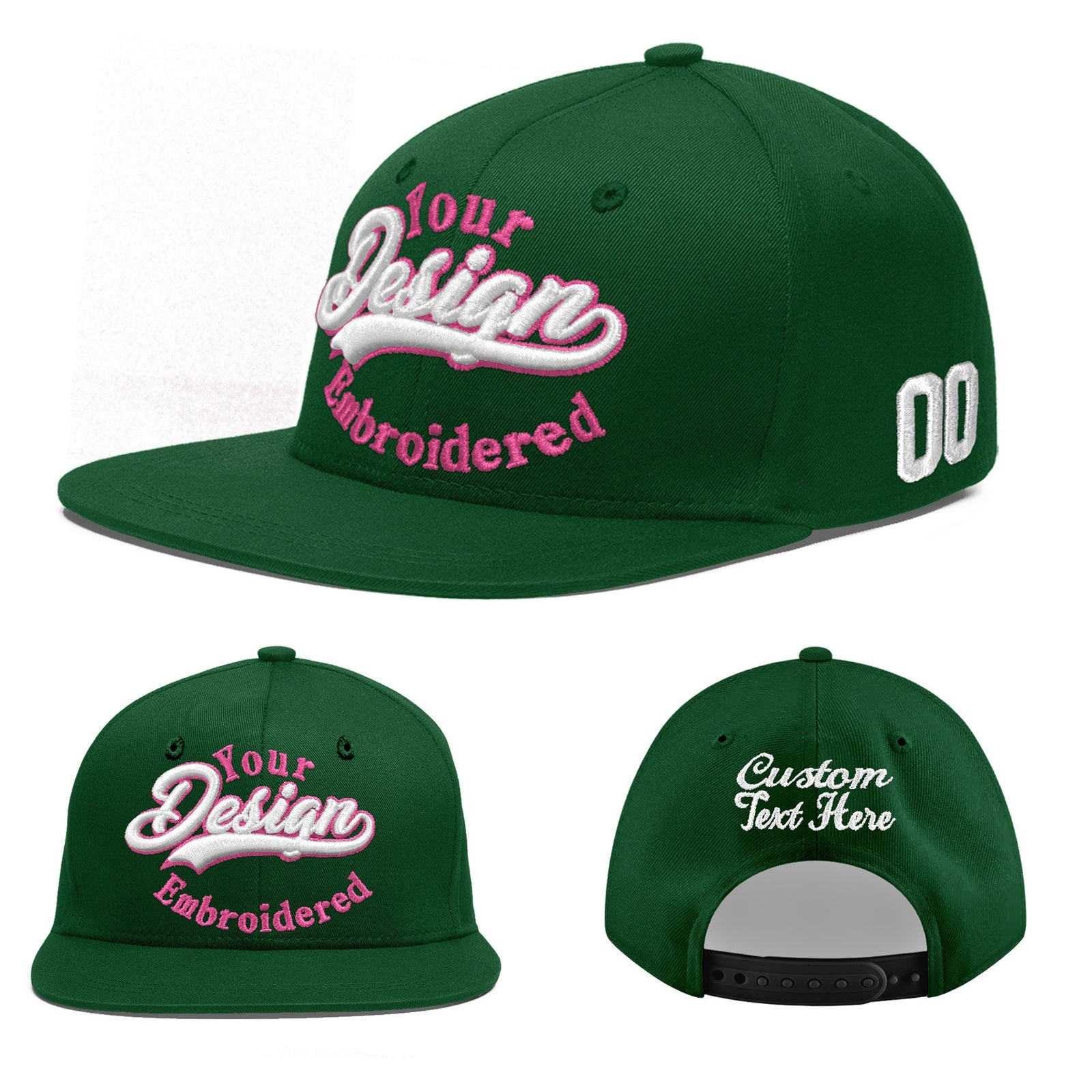 Custom Green 3D Puff Embroidery Flat Embroidery Casual Sport Baseball Cap