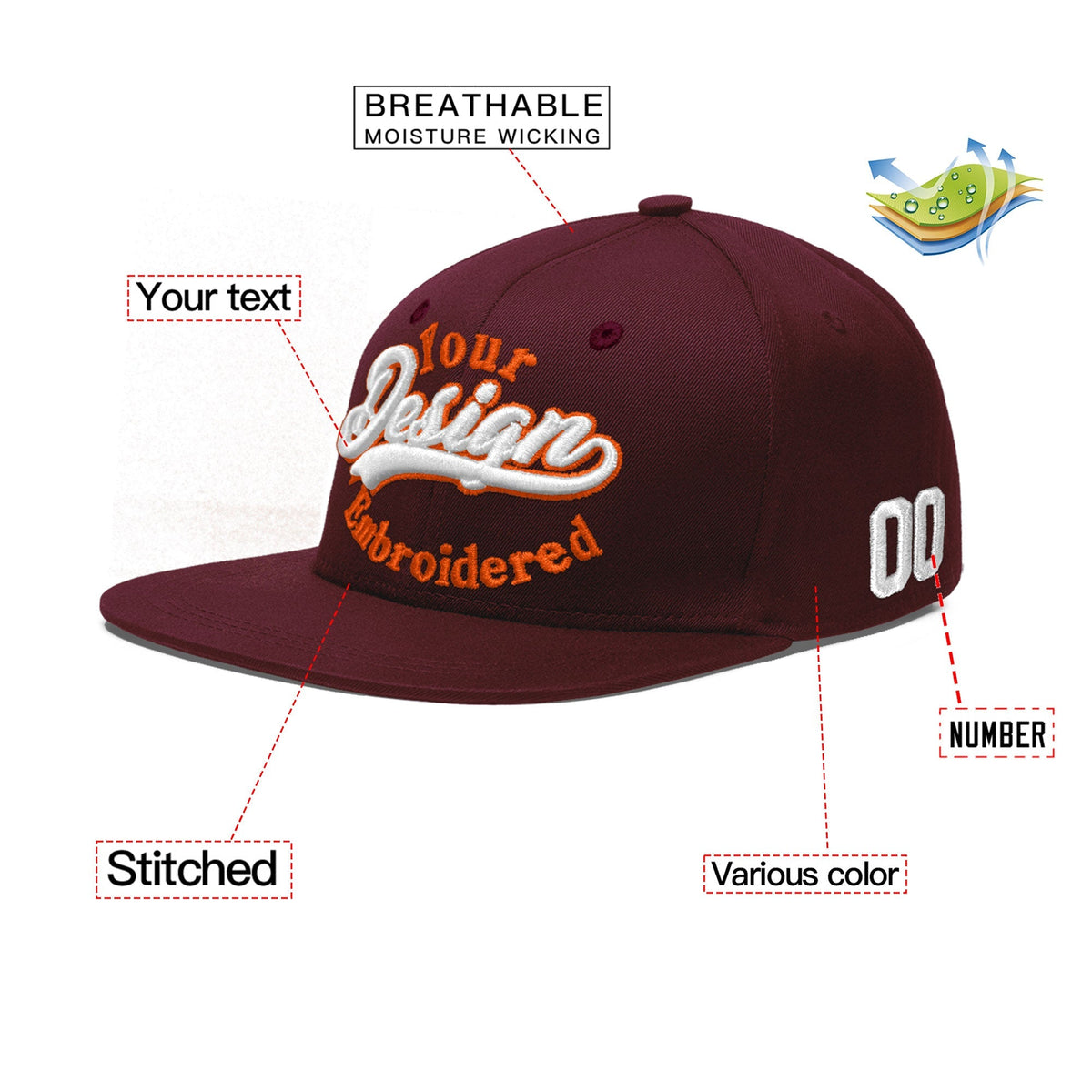Custom Burgundy 3D Puff Embroidery Flat Embroidery Casual Sport Baseball Cap