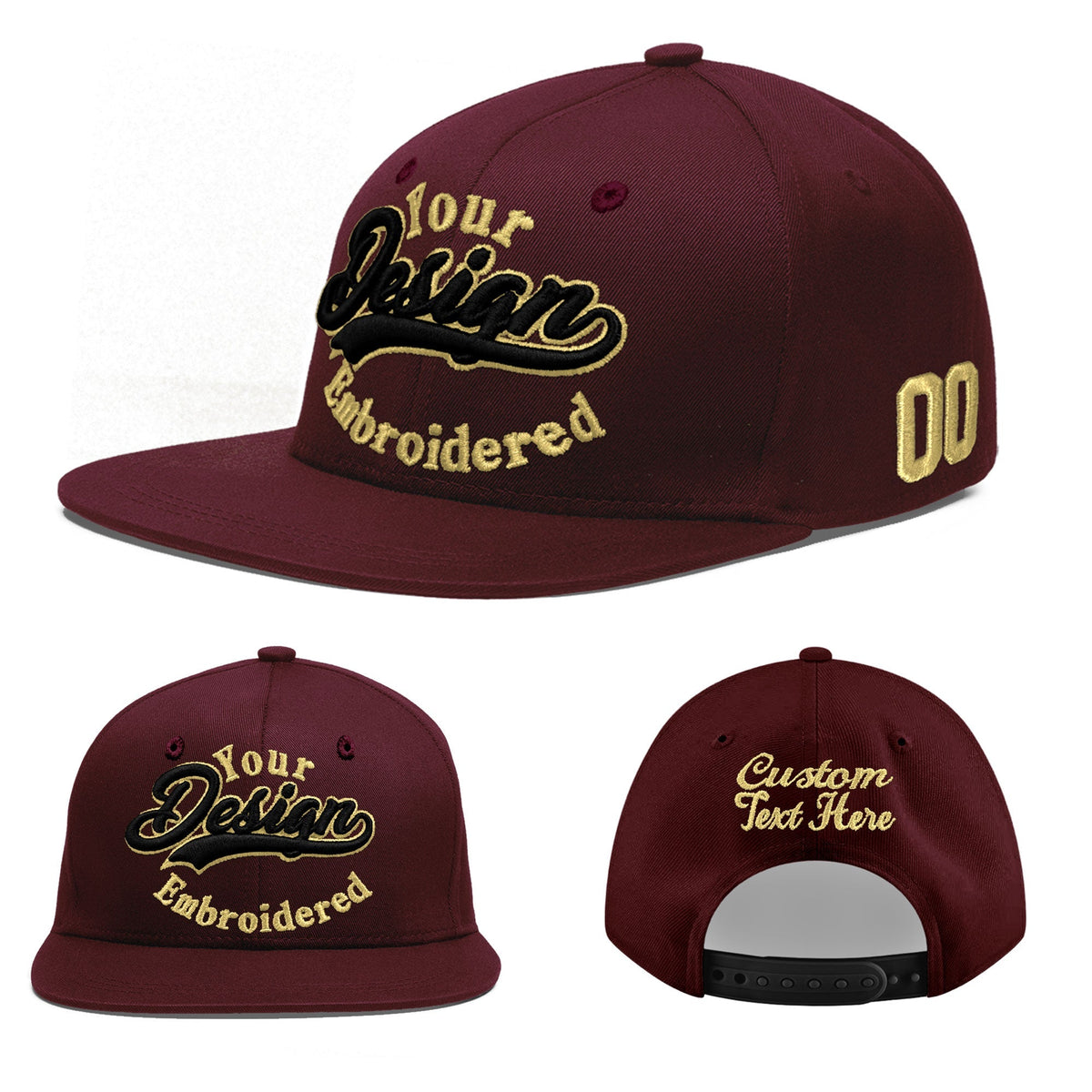 Custom Burgundy 3D Puff Embroidery Flat Embroidery Casual Sport Baseball Cap