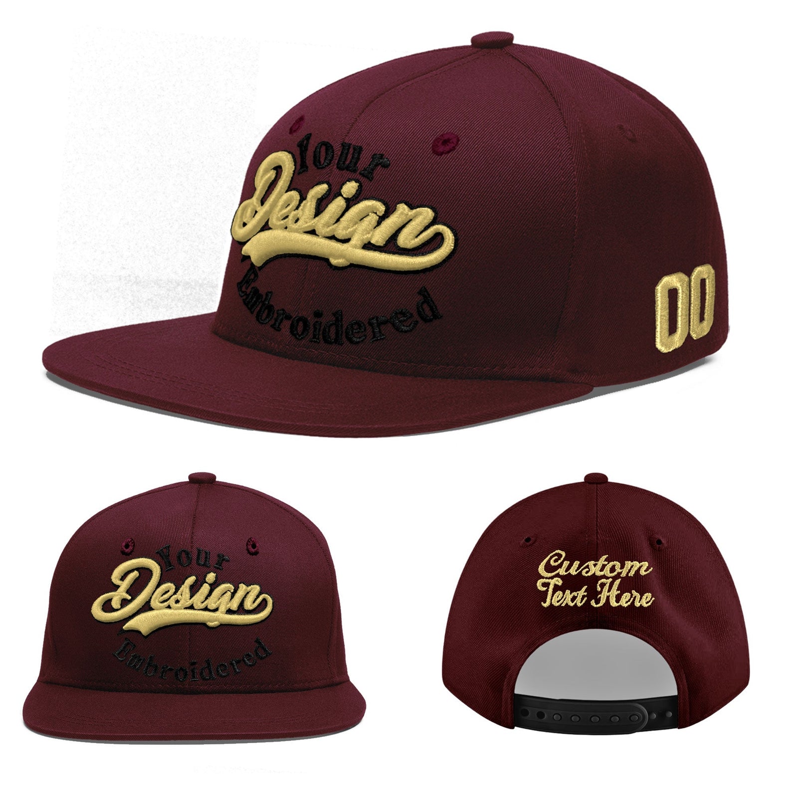 Custom Burgundy 3D Puff Embroidery Flat Embroidery Casual Sport Baseball Cap