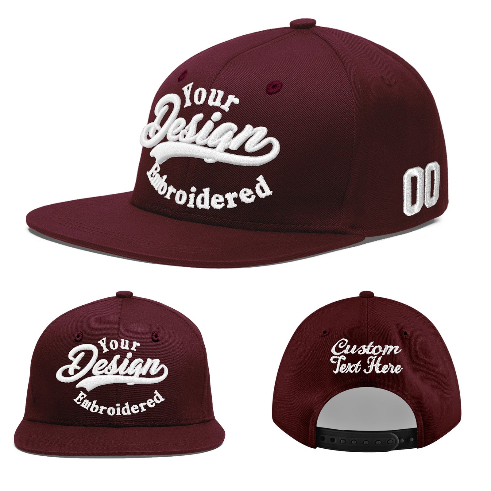 Custom Burgundy 3D Puff Embroidery Flat Embroidery Casual Sport Baseball Cap