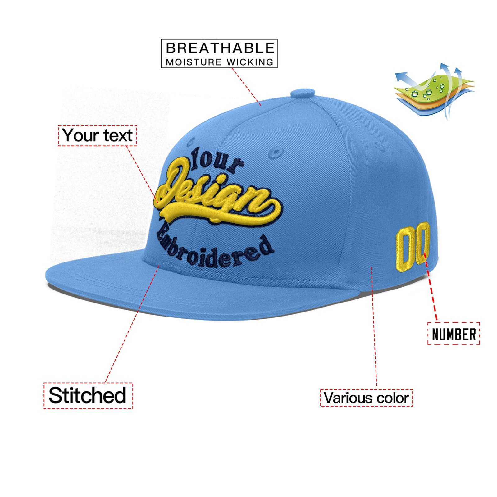 Custom Powder Blue 3D Puff Embroidery Flat Embroidery Casual Sport Baseball Cap