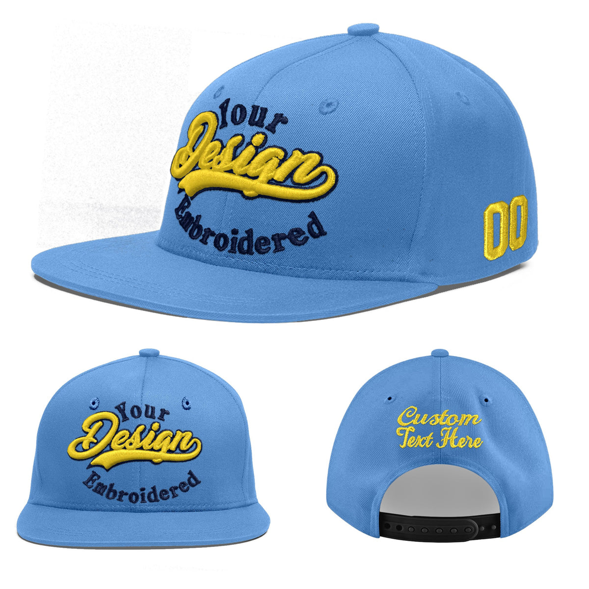 Custom Powder Blue 3D Puff Embroidery Flat Embroidery Casual Sport Baseball Cap