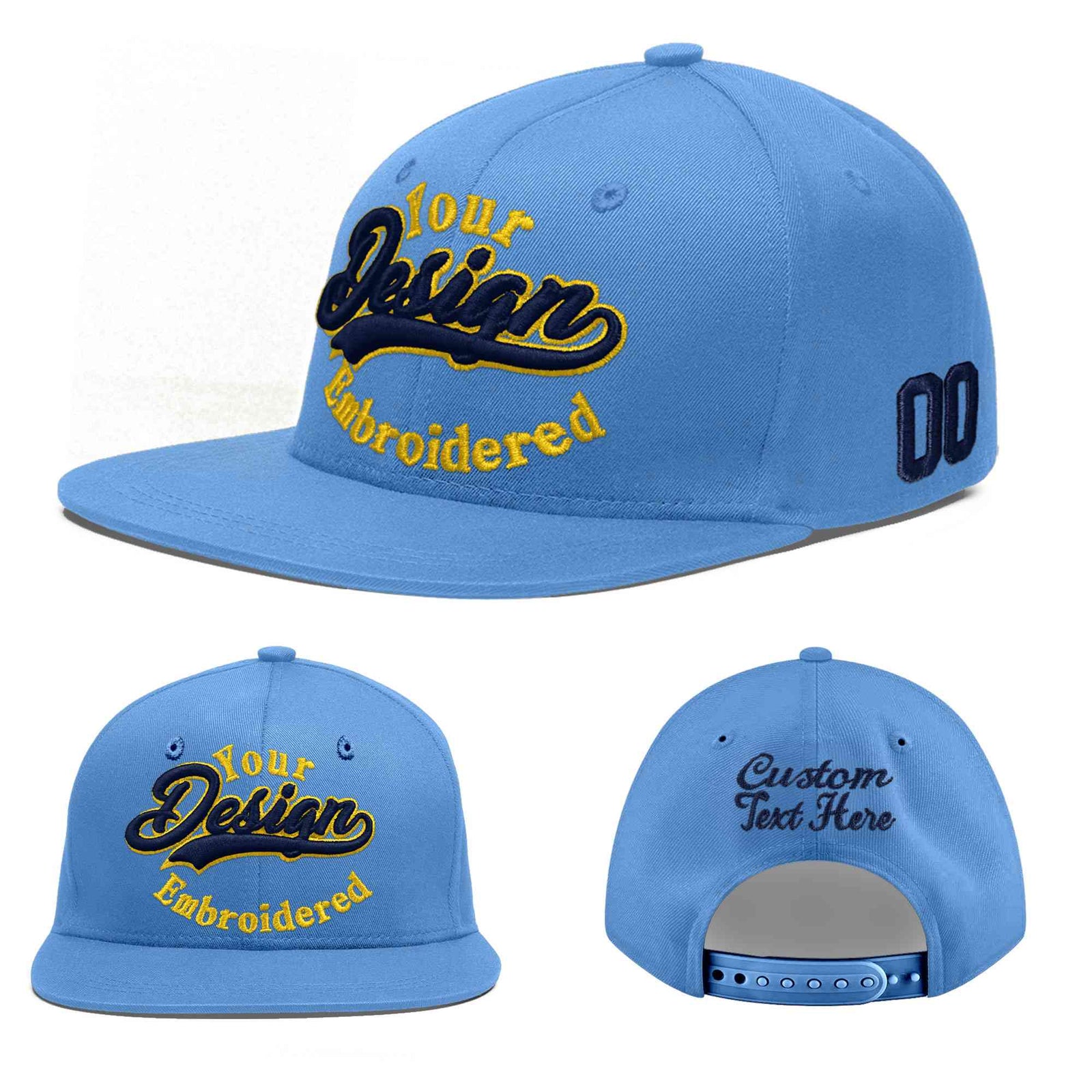 Custom Light Blue 3D Puff Embroidery Flat Embroidery Casual Sport Baseball Cap