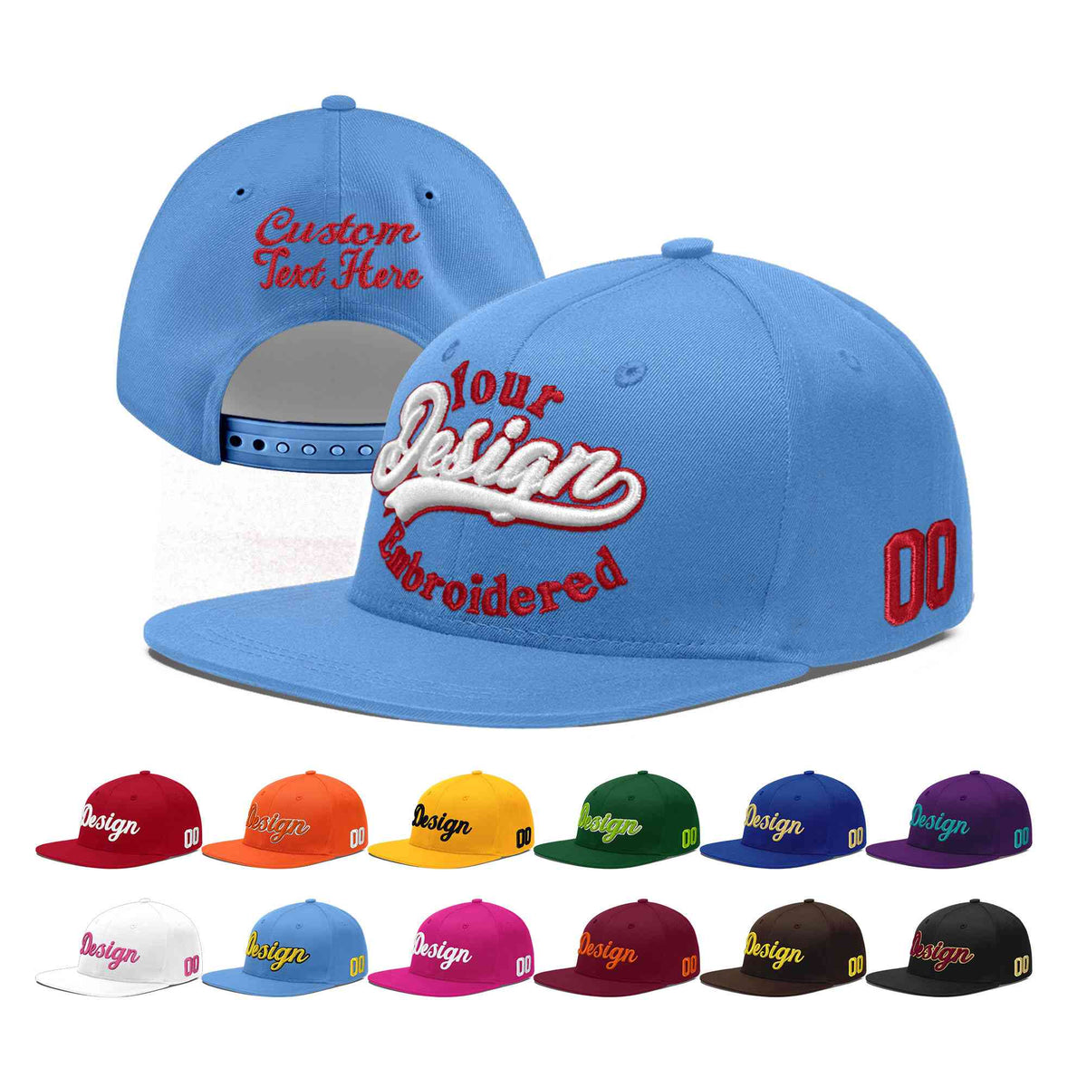 Custom Powder Blue 3D Puff Embroidery Flat Embroidery Casual Sport Baseball Cap