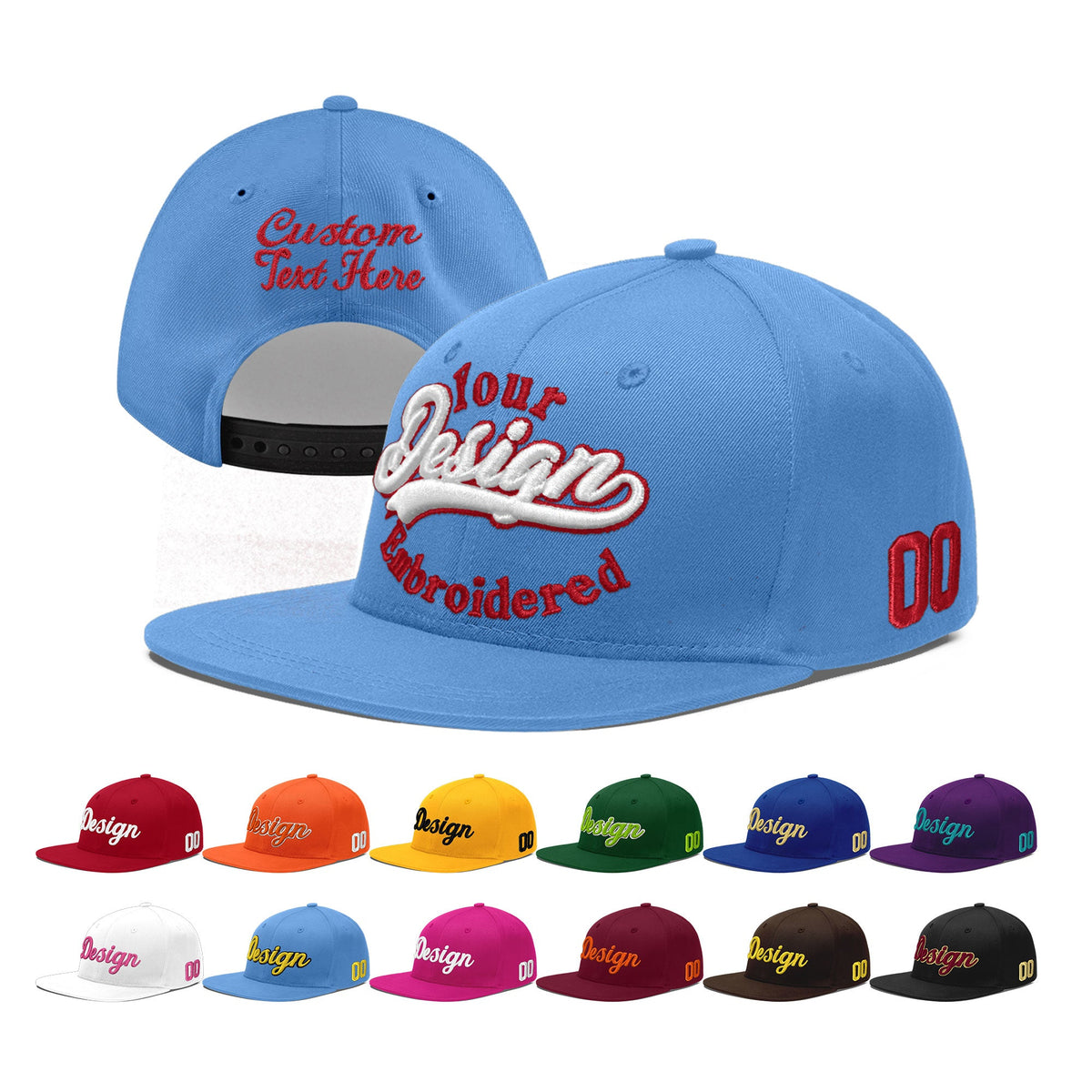 Custom Powder Blue 3D Puff Embroidery Flat Embroidery Casual Sport Baseball Cap