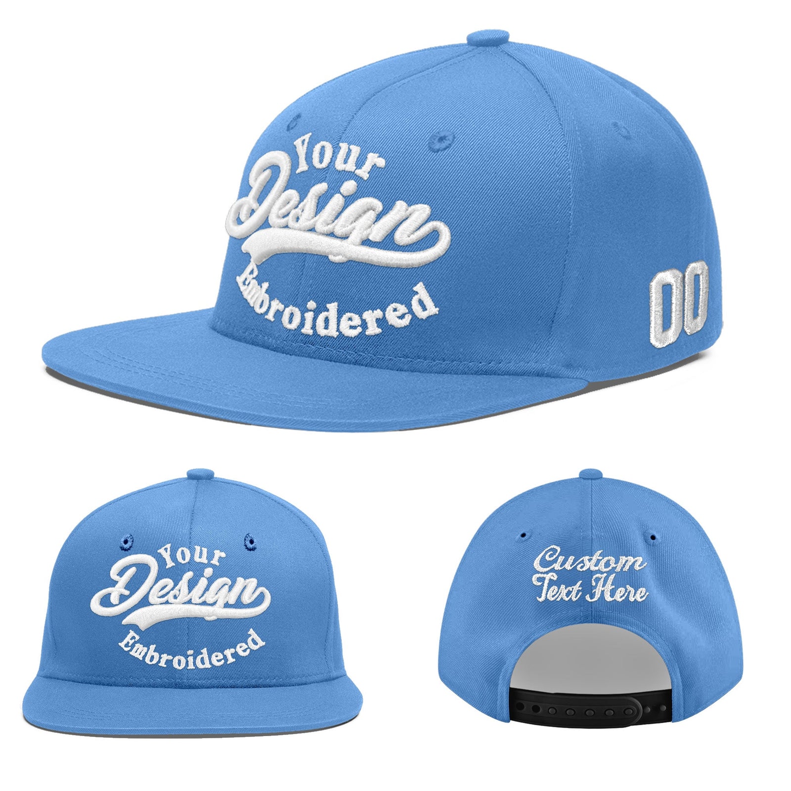 Custom Powder Blue 3D Puff Embroidery Flat Embroidery Casual Sport Baseball Cap