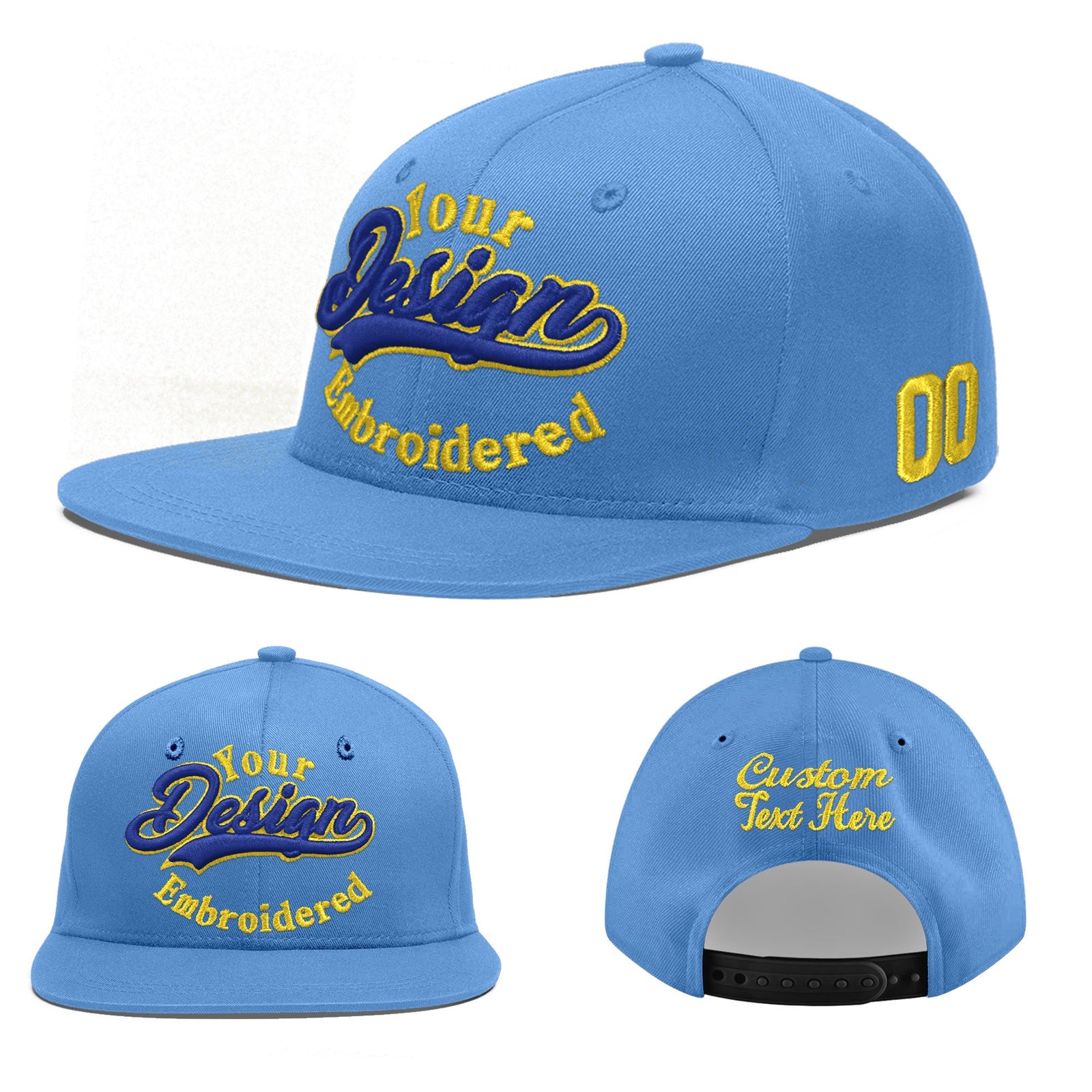 Custom Powder Blue 3D Puff Embroidery Flat Embroidery Casual Sport Baseball Cap