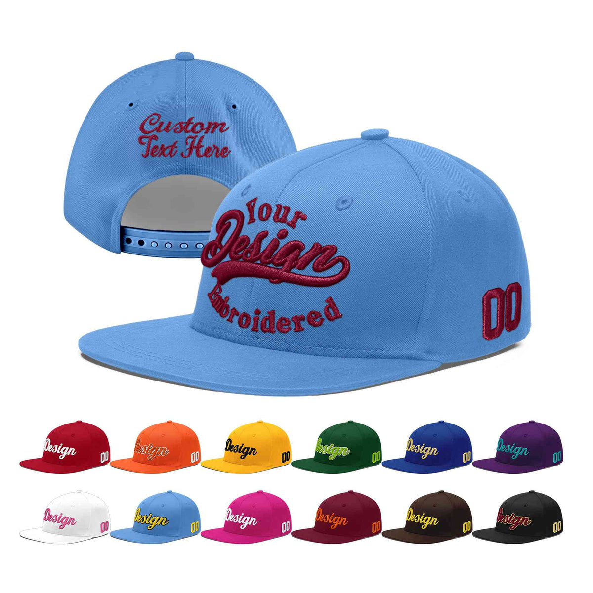 Custom Powder Blue 3D Puff Embroidery Flat Embroidery Casual Sport Baseball Cap