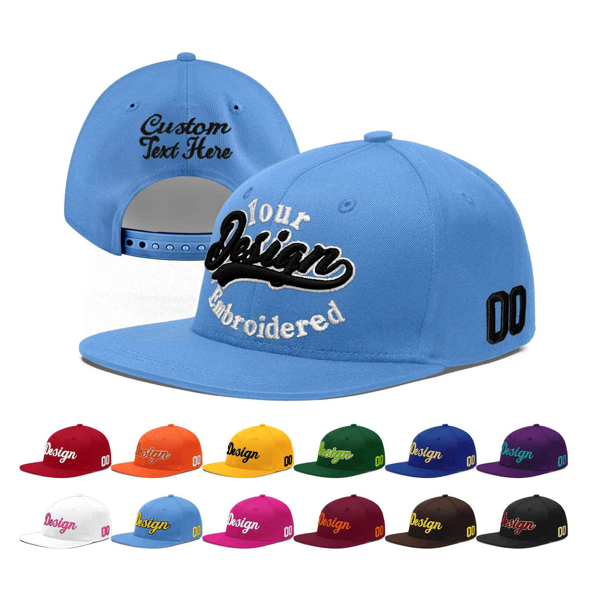 Custom Powder Blue 3D Puff Embroidery Flat Embroidery Casual Sport Baseball Cap