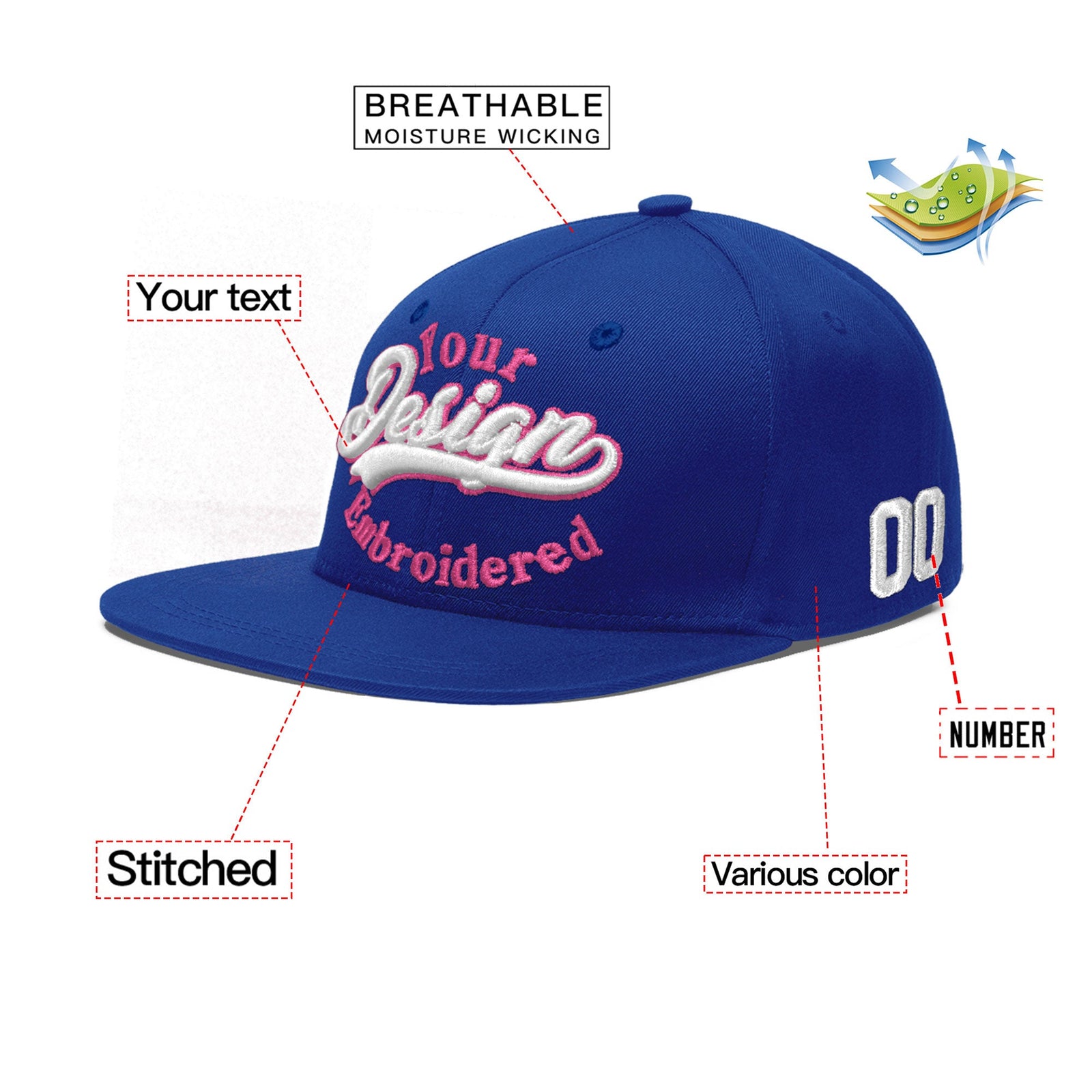 Custom Royal 3D Puff Embroidery Flat Embroidery Casual Sport Baseball Cap