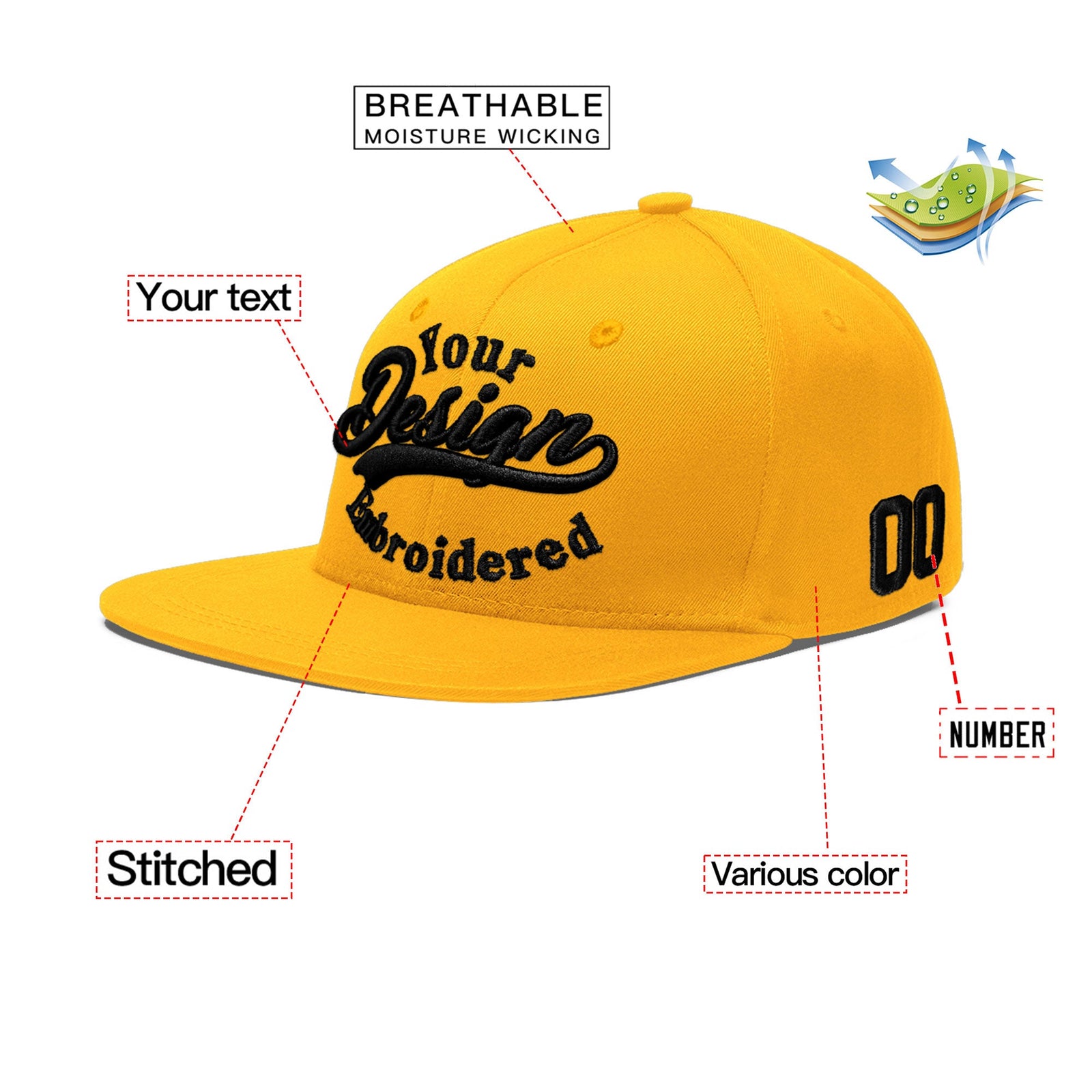 Custom Yellow 3D Puff Embroidery Flat Embroidery Casual Sport Baseball Cap