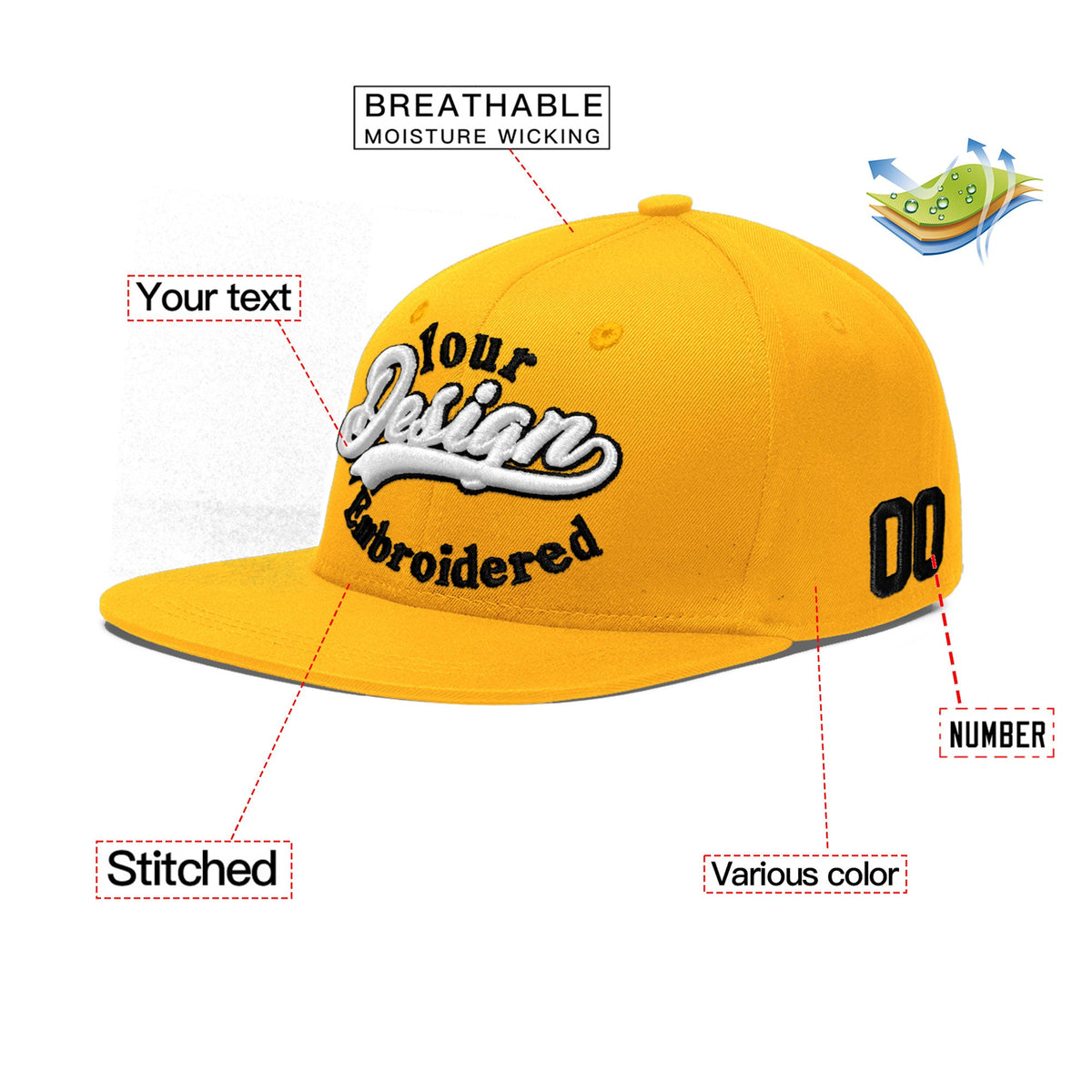Custom Yellow 3D Puff Embroidery Flat Embroidery Casual Sport Baseball Cap