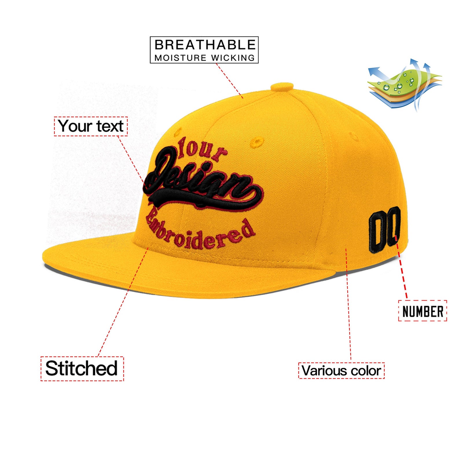 Custom Yellow 3D Puff Embroidery Flat Embroidery Casual Sport Baseball Cap
