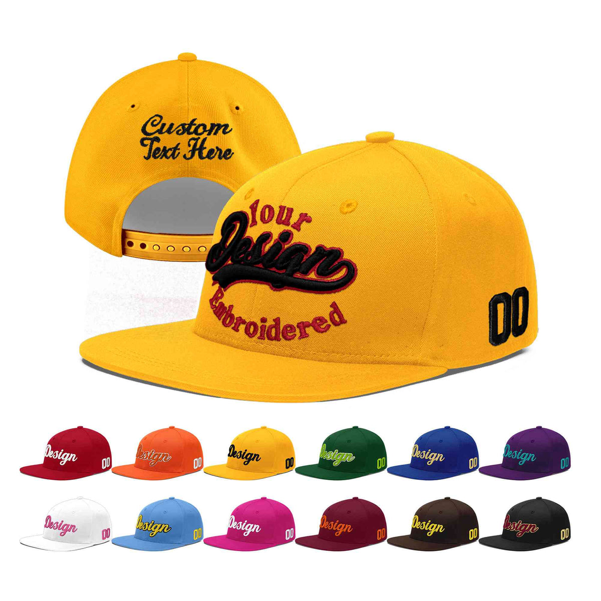 Custom Yellow 3D Puff Embroidery Flat Embroidery Casual Sport Baseball Cap