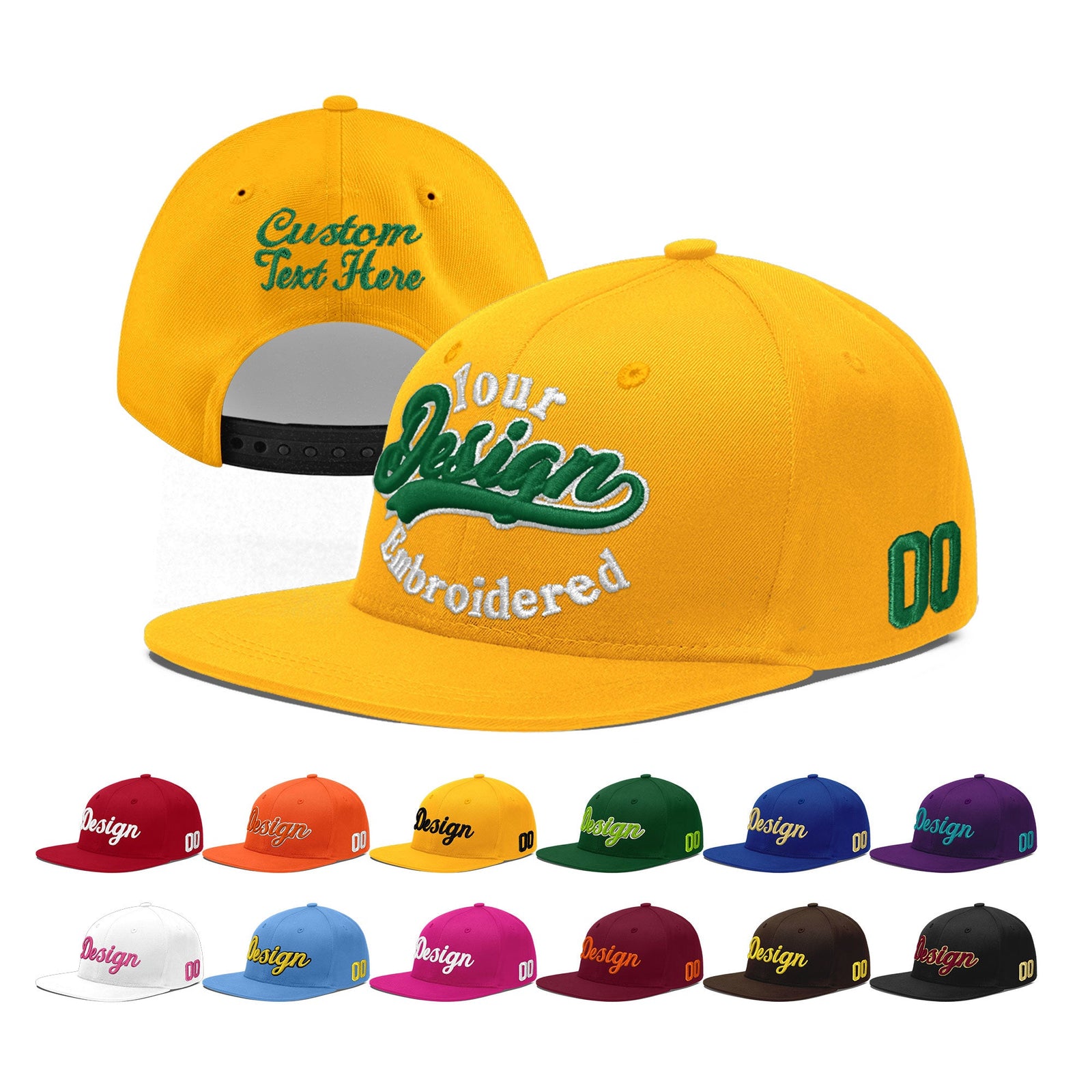 Custom Yellow 3D Puff Embroidery Flat Embroidery Casual Sport Baseball Cap