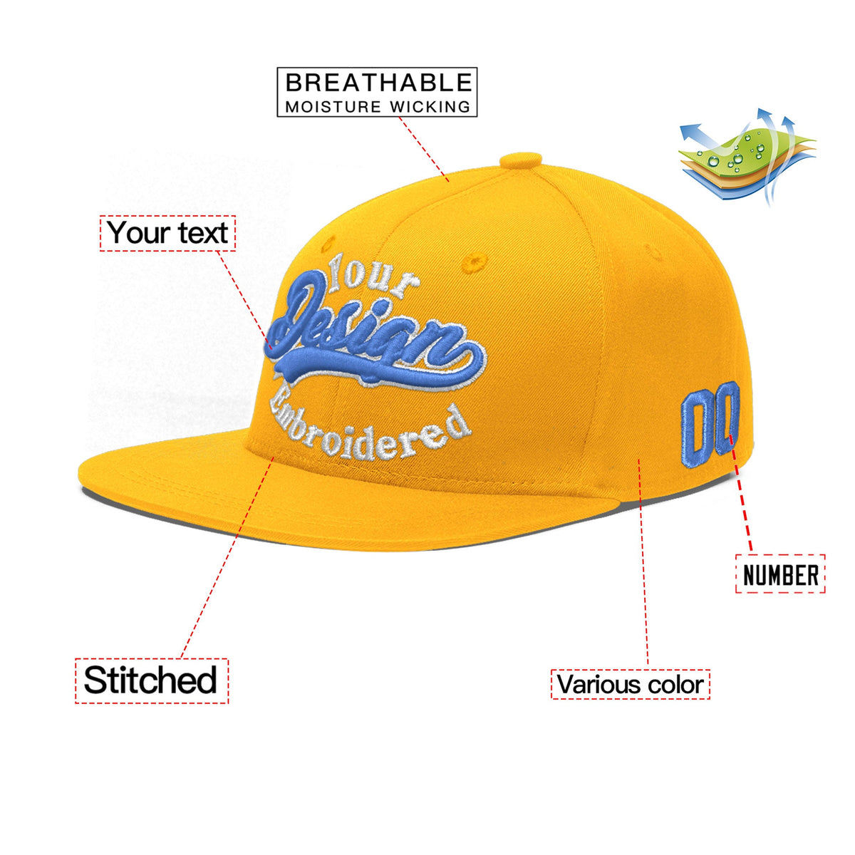 Custom Yellow 3D Puff Embroidery Flat Embroidery Casual Sport Baseball Cap