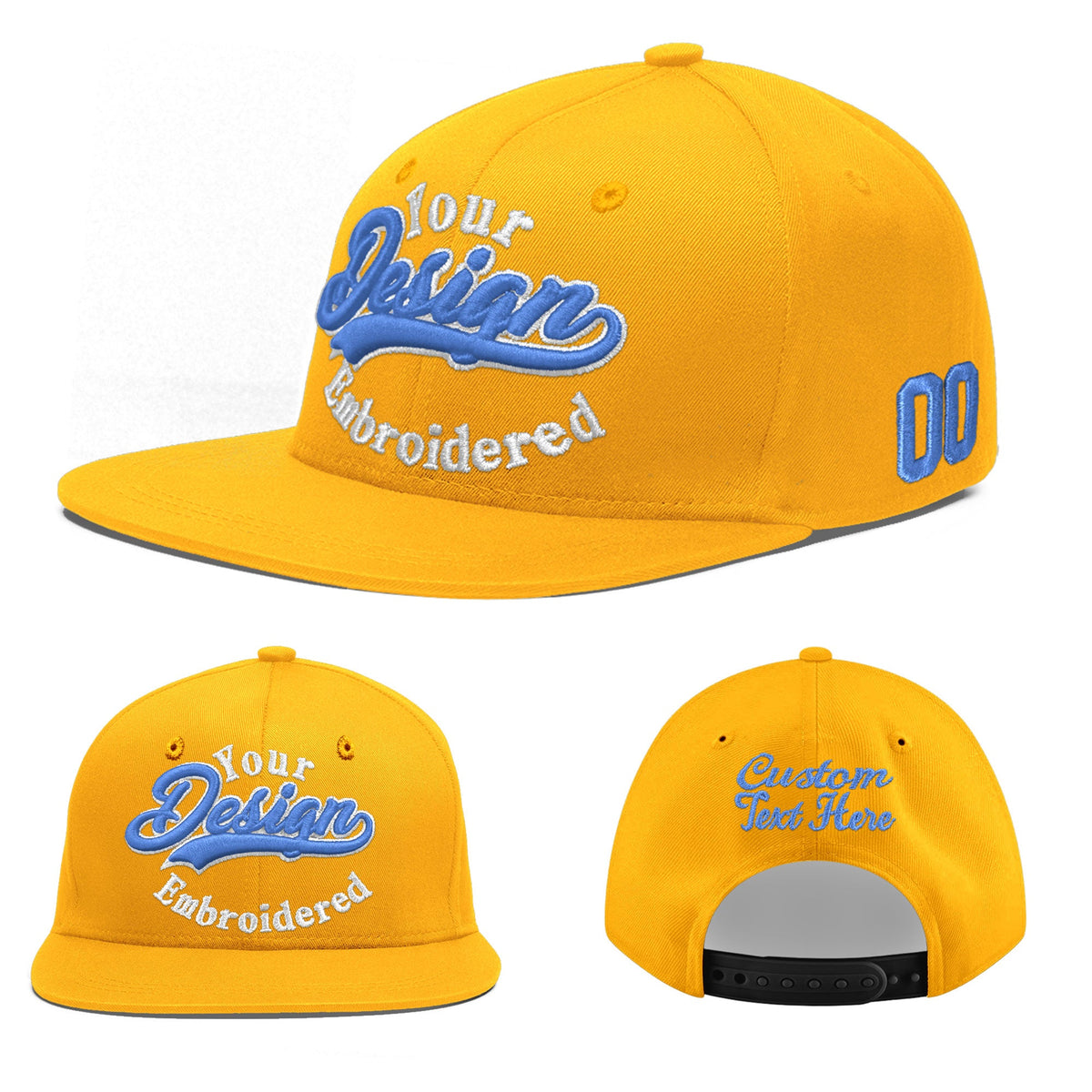 Custom Yellow 3D Puff Embroidery Flat Embroidery Casual Sport Baseball Cap