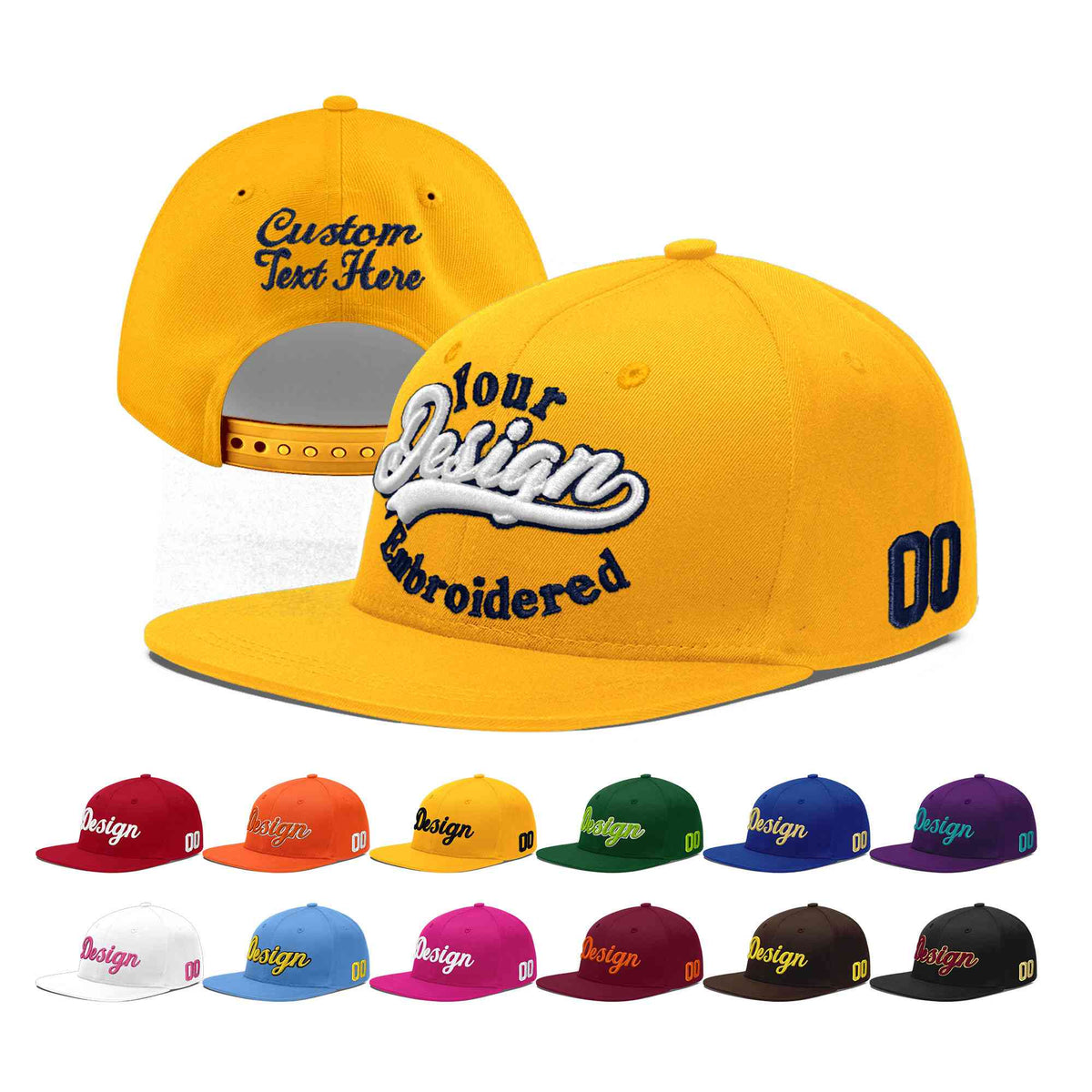 Custom Yellow 3D Puff Embroidery Flat Embroidery Casual Sport Baseball Cap