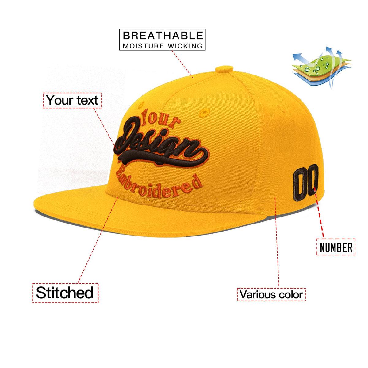 Custom Yellow 3D Puff Embroidery Flat Embroidery Casual Sport Baseball Cap