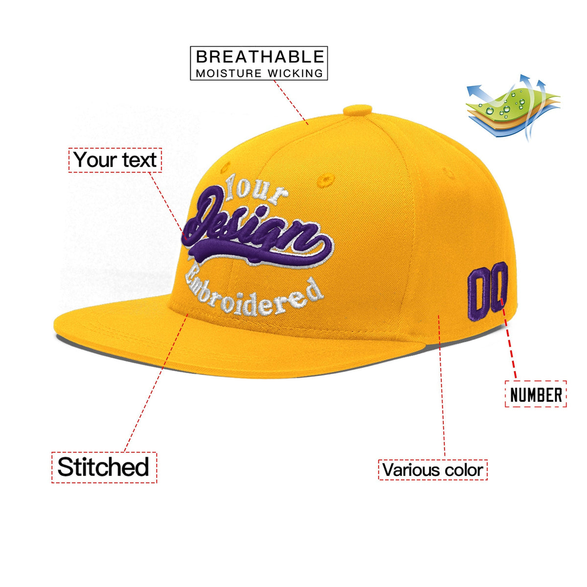 Custom Yellow 3D Puff Embroidery Flat Embroidery Casual Sport Baseball Cap