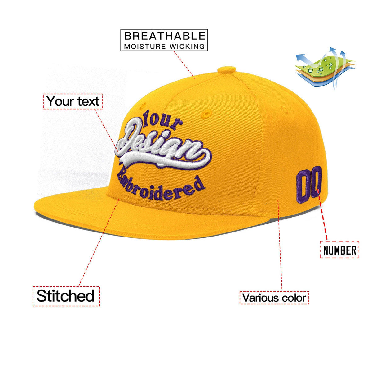 Custom Yellow 3D Puff Embroidery Flat Embroidery Casual Sport Baseball Cap