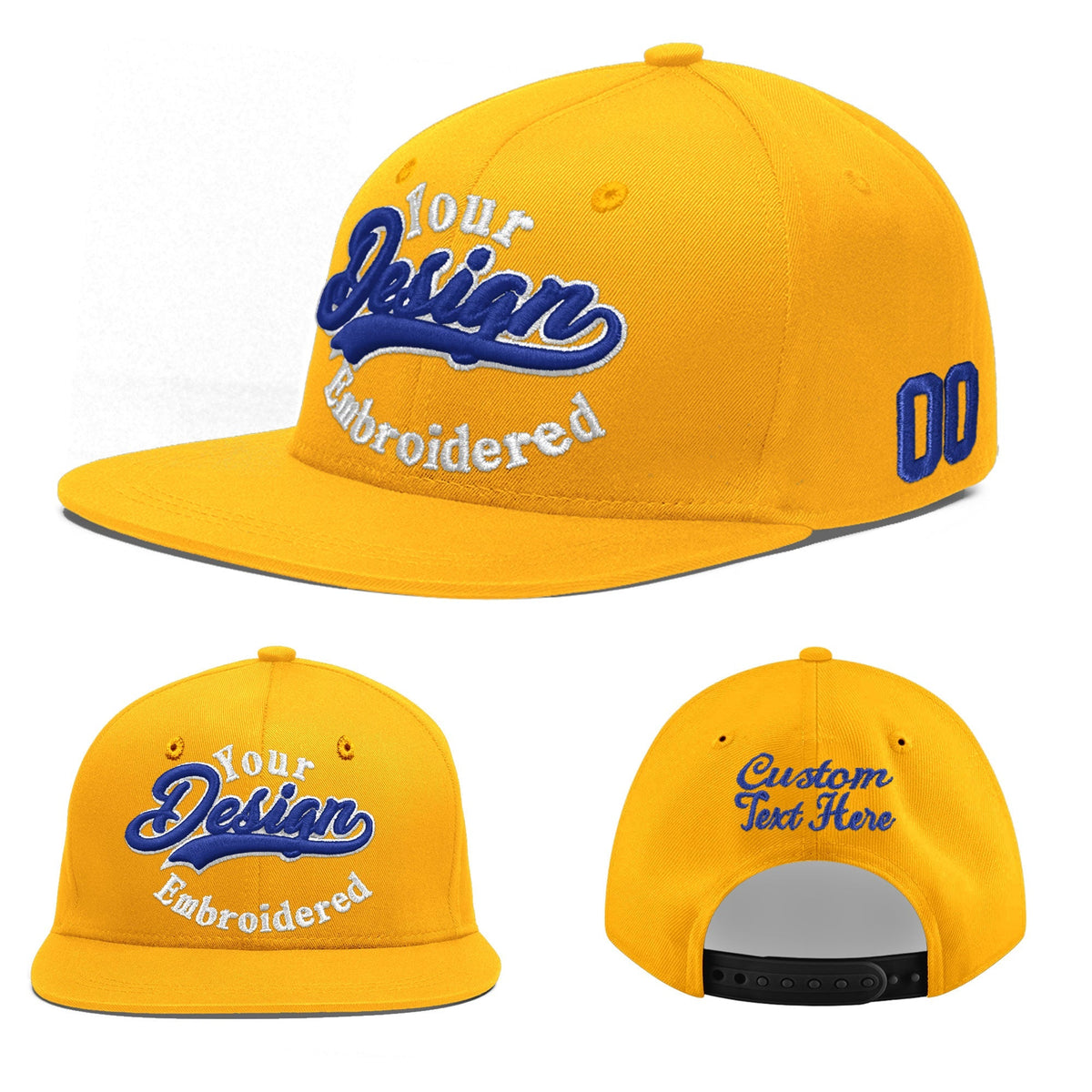 Custom Yellow Navy-White 3D Puff Embroidery Flat Embroidery Casual Sport Baseball Cap