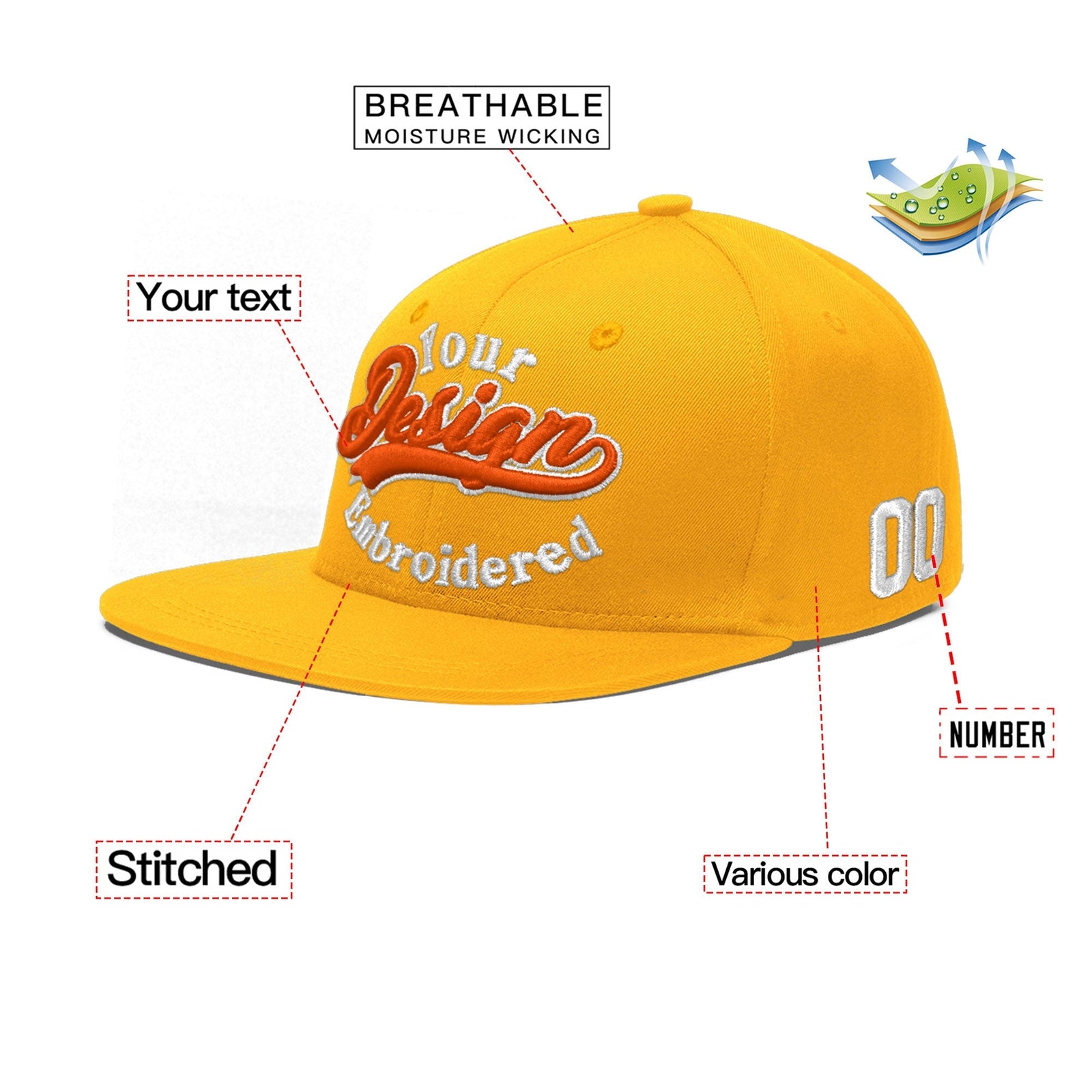 Custom Yellow 3D Puff Embroidery Flat Embroidery Casual Sport Baseball Cap