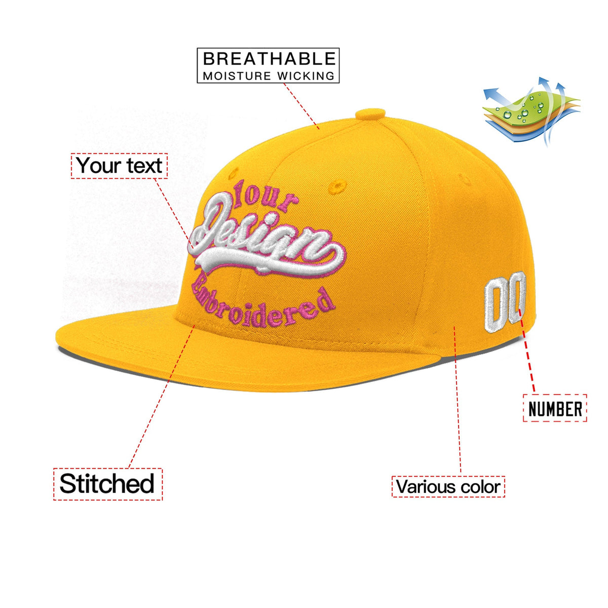 Custom Yellow 3D Puff Embroidery Flat Embroidery Casual Sport Baseball Cap