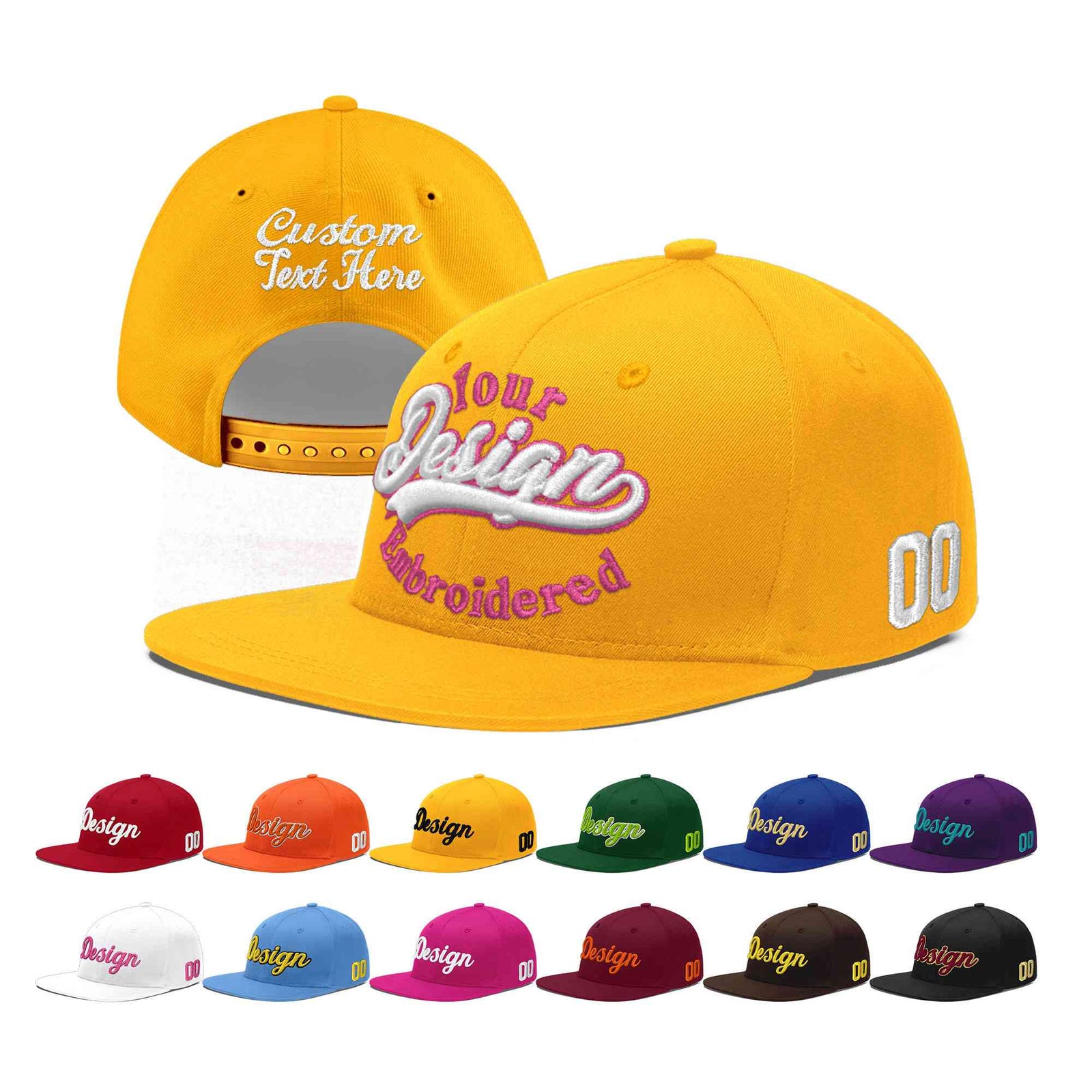 Custom Yellow 3D Puff Embroidery Flat Embroidery Casual Sport Baseball Cap