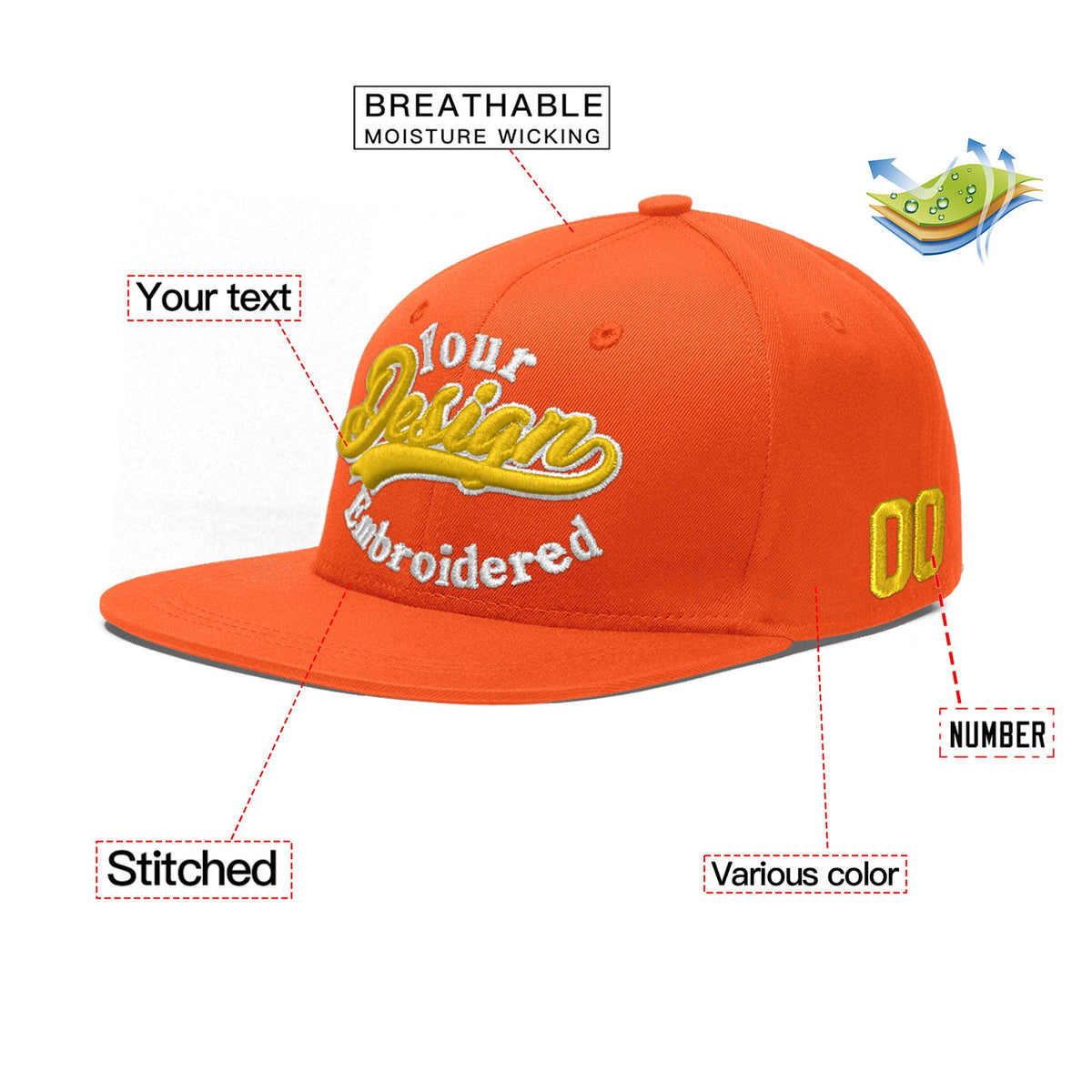Custom Orange 3D Puff Embroidery Flat Embroidery Casual Sport Baseball Cap