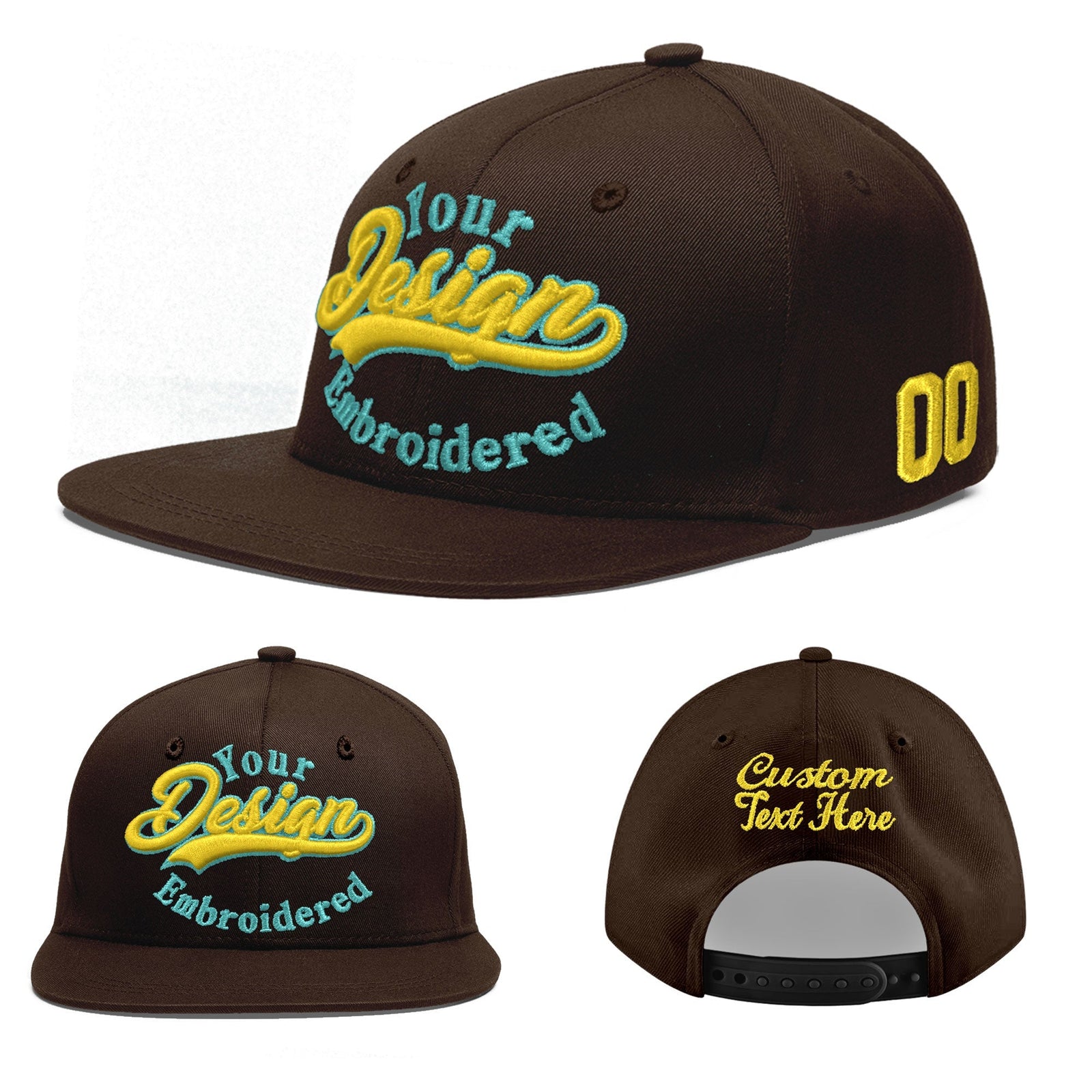 Custom Brown 3D Puff Embroidery Flat Embroidery Casual Sport Baseball Cap