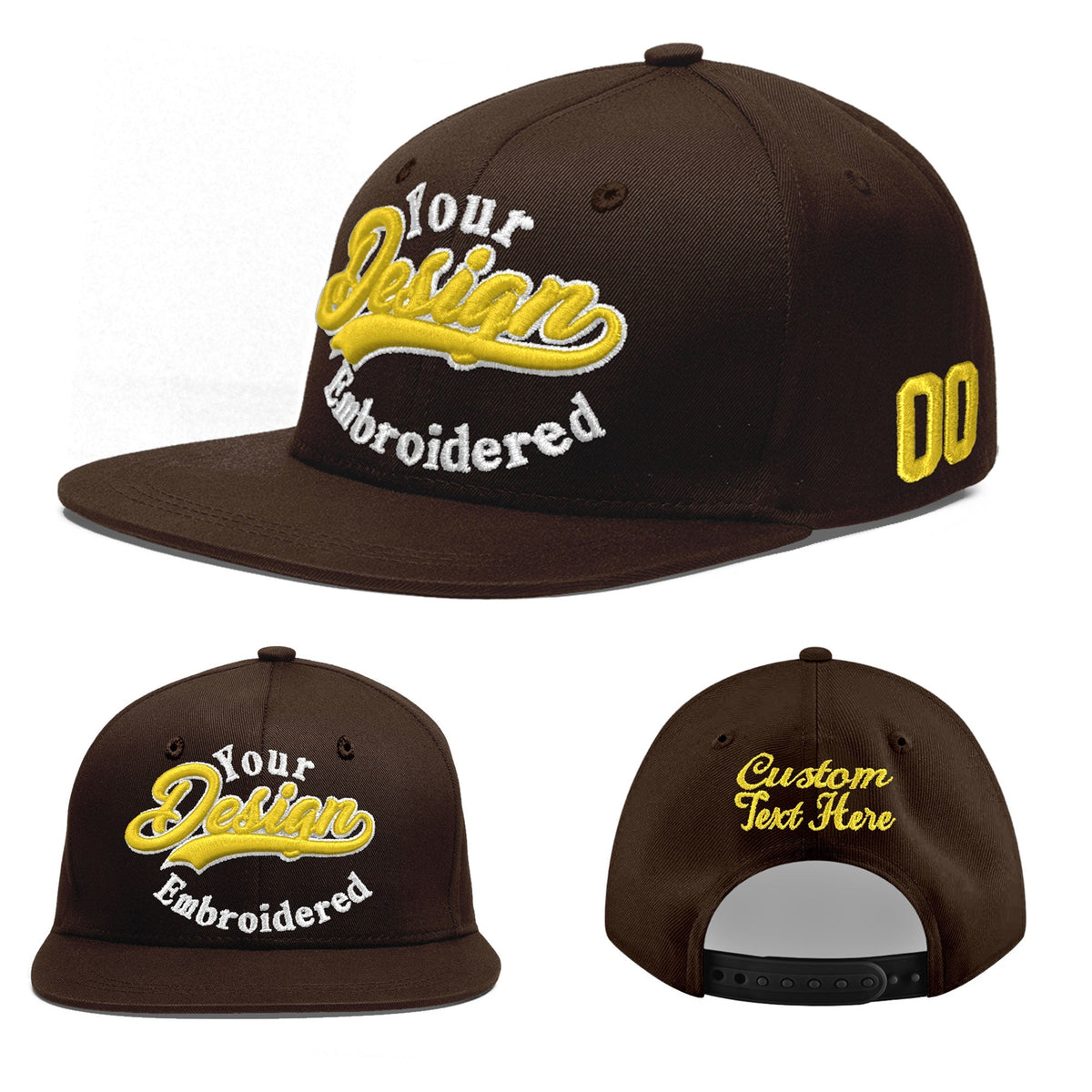 Custom Brown 3D Puff Embroidery Flat Embroidery Casual Sport Baseball Cap