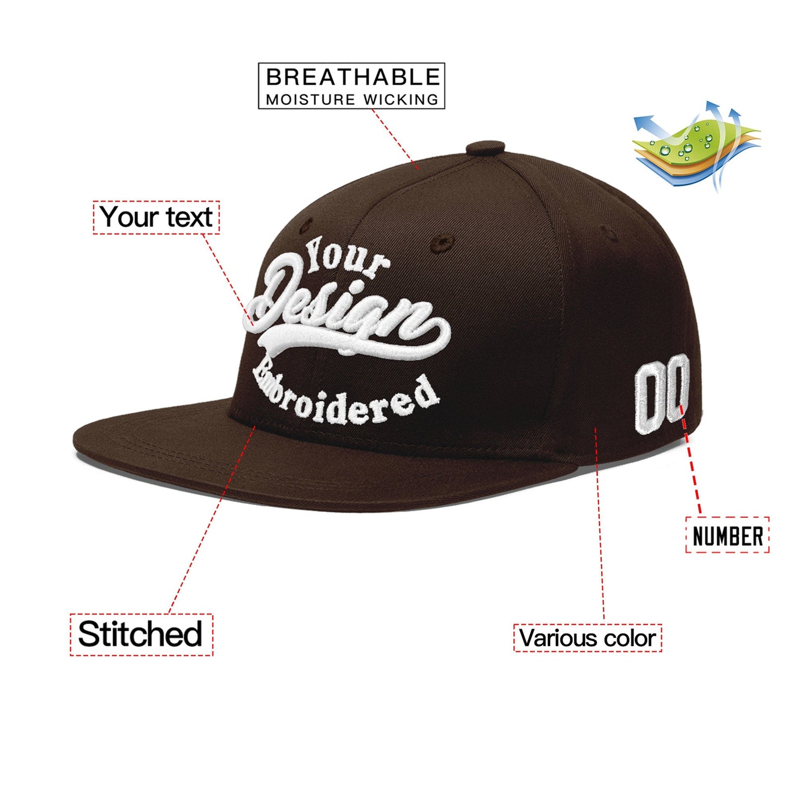 Custom Brown 3D Puff Embroidery Flat Embroidery Casual Sport Baseball Cap