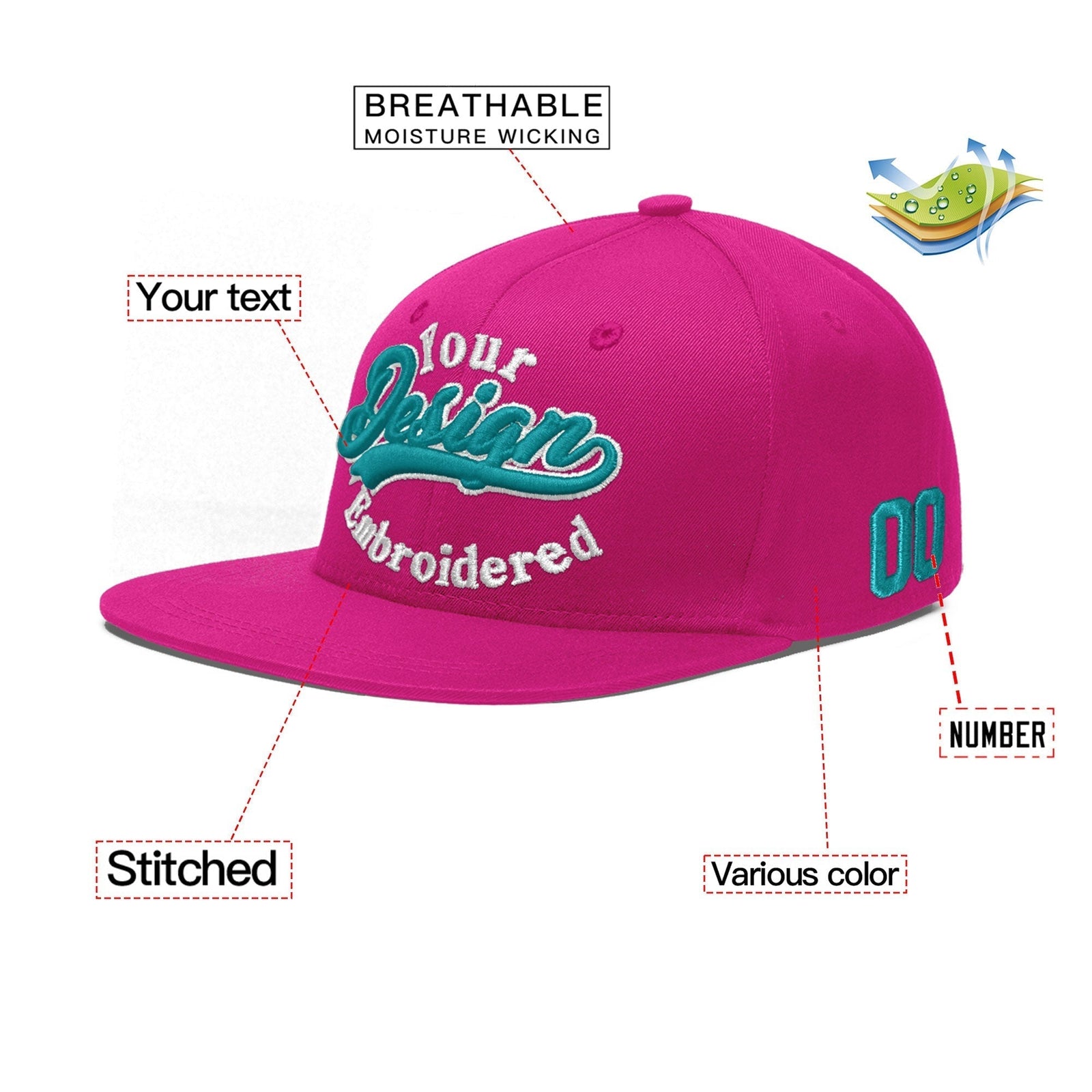 Custom Rose Red 3D Puff Embroidery Flat Embroidery Casual Sport Baseball Cap