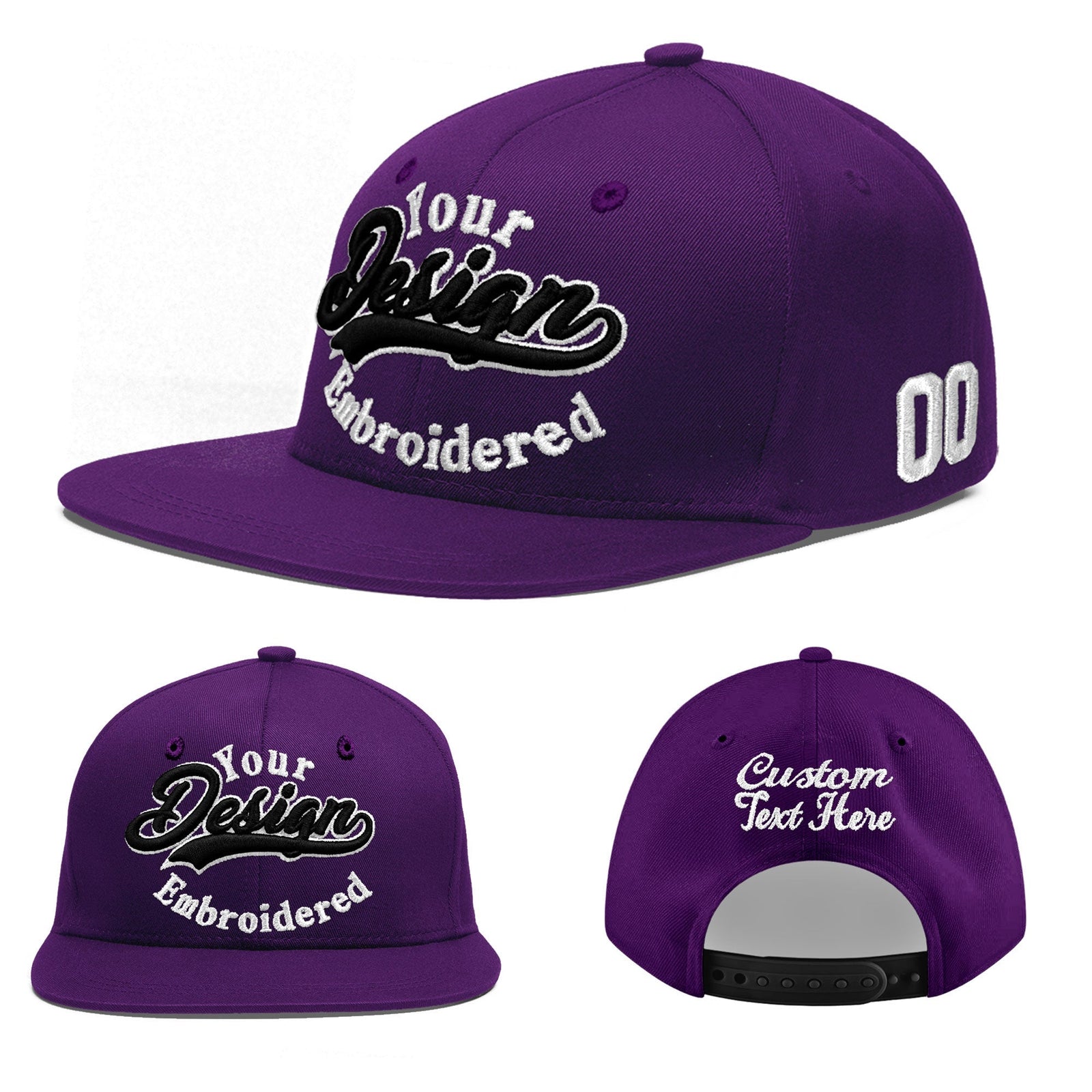Custom Purple 3D Puff Embroidery Flat Embroidery Casual Sport Baseball Cap