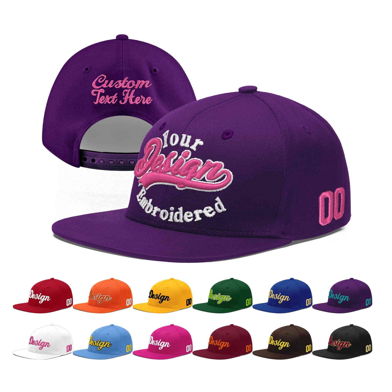 Custom Purple 3D Puff Embroidery Flat Embroidery Casual Sport Baseball Cap