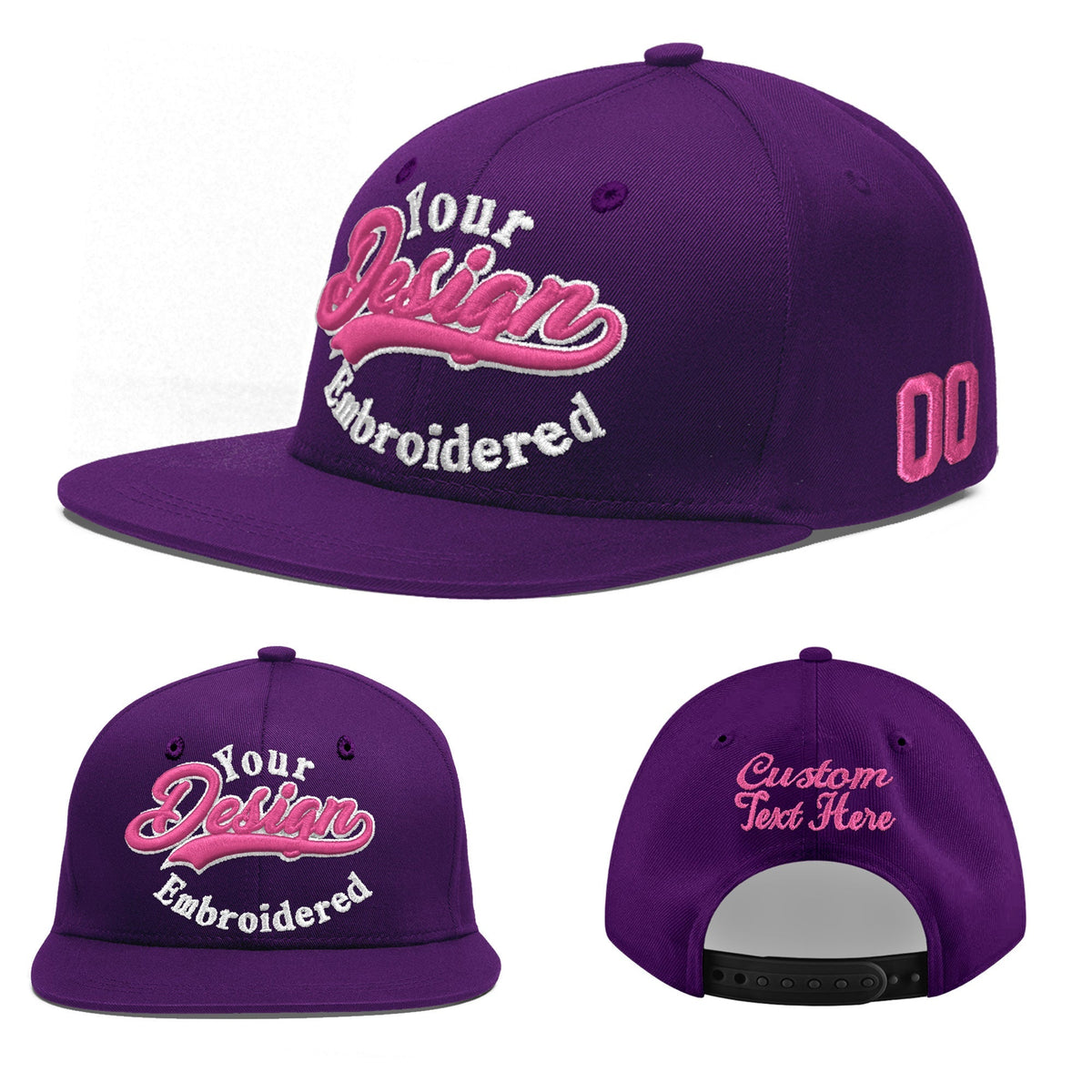Custom Purple 3D Puff Embroidery Flat Embroidery Casual Sport Baseball Cap