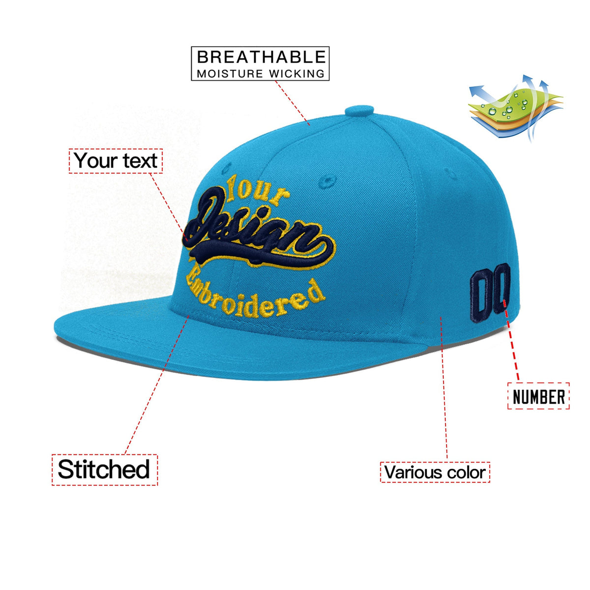 Custom Light Blue 3D Puff Embroidery Flat Embroidery Casual Sport Baseball Cap