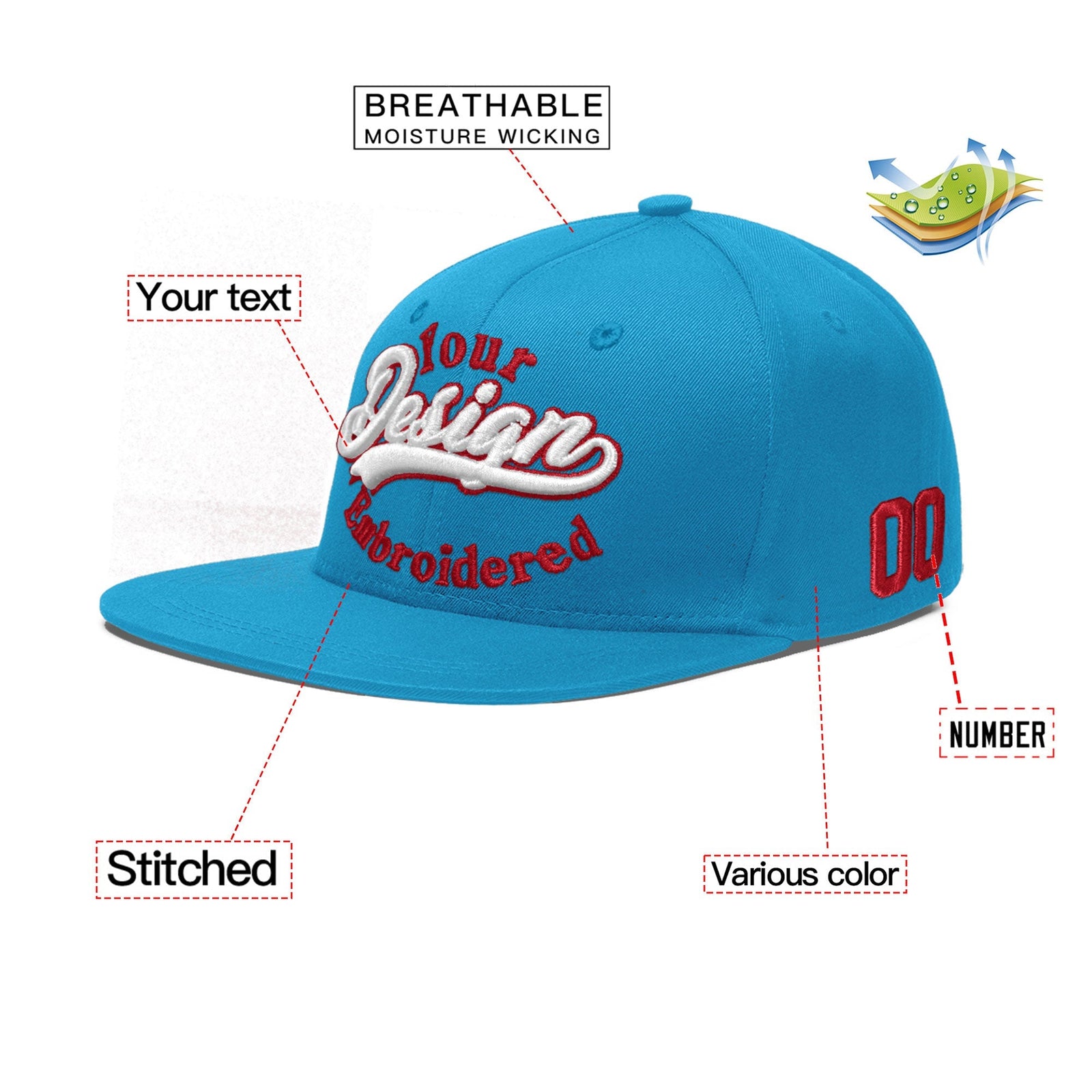 Custom Light Blue 3D Puff Embroidery Flat Embroidery Casual Sport Baseball Cap