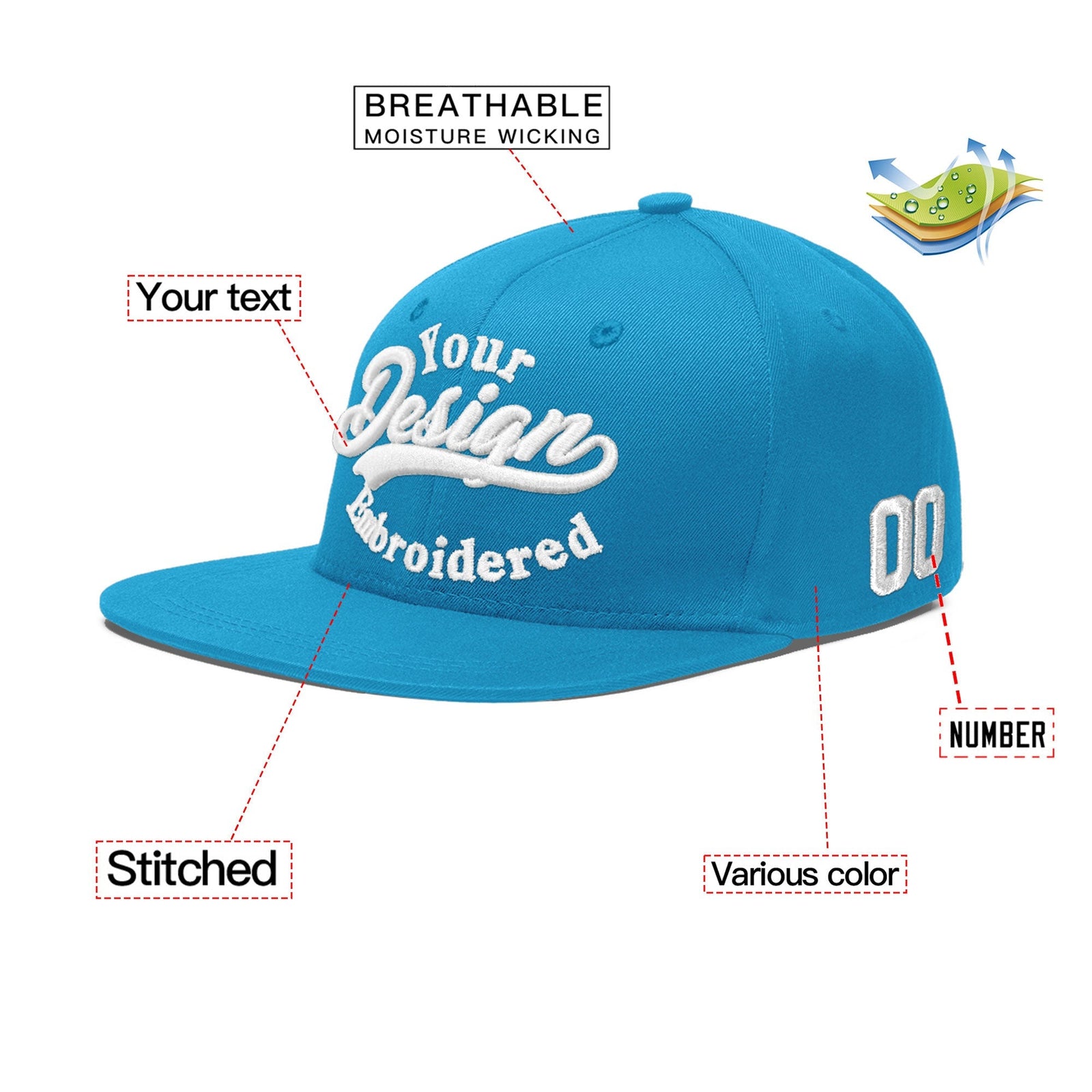 Custom Light Blue 3D Puff Embroidery Flat Embroidery Casual Sport Baseball Cap