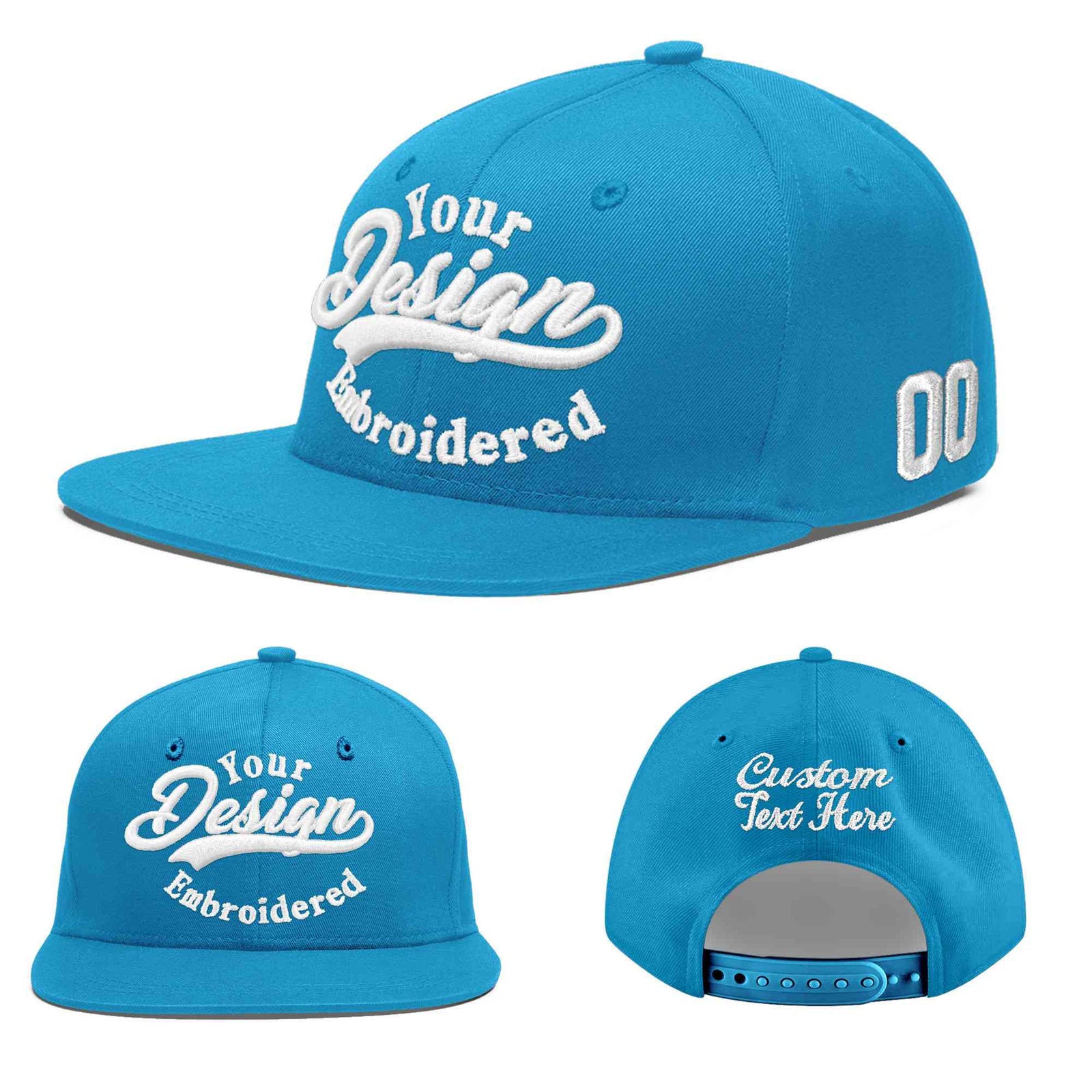 Custom Light Blue 3D Puff Embroidery Flat Embroidery Casual Sport Baseball Cap