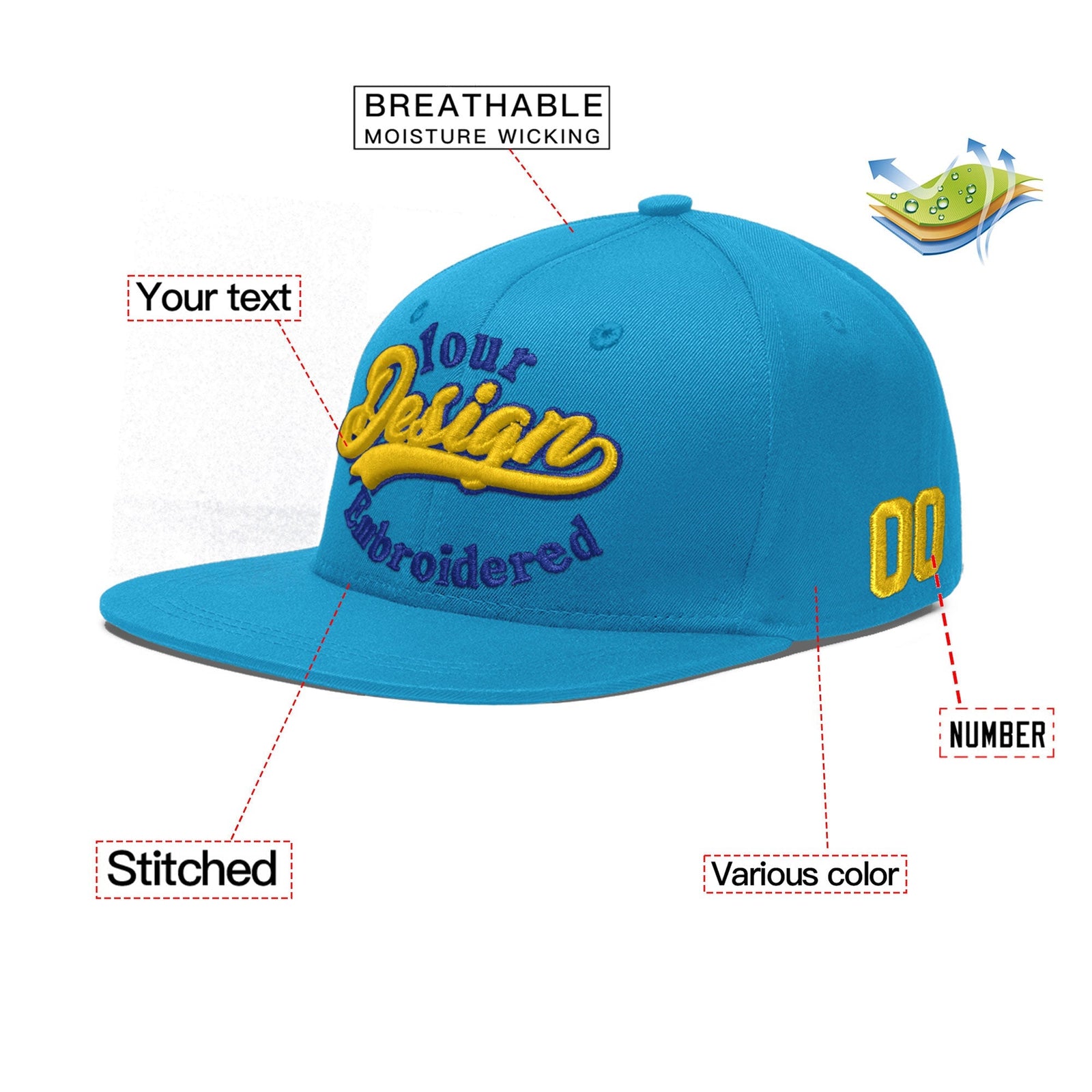 Custom Light Blue 3D Puff Embroidery Flat Embroidery Casual Sport Baseball Cap